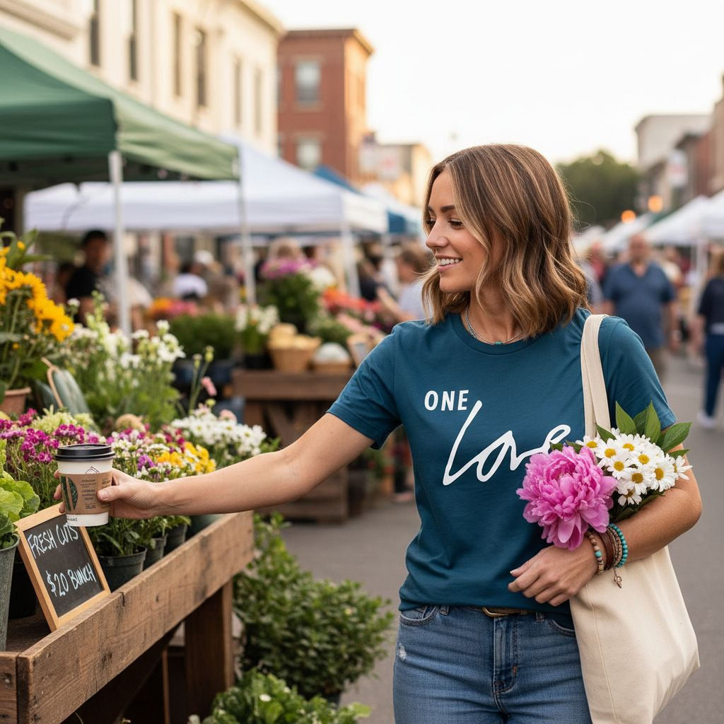 A woman is browsing flowers at an outdoor market, holding a bouquet of pink flowers and a cup of coffee.