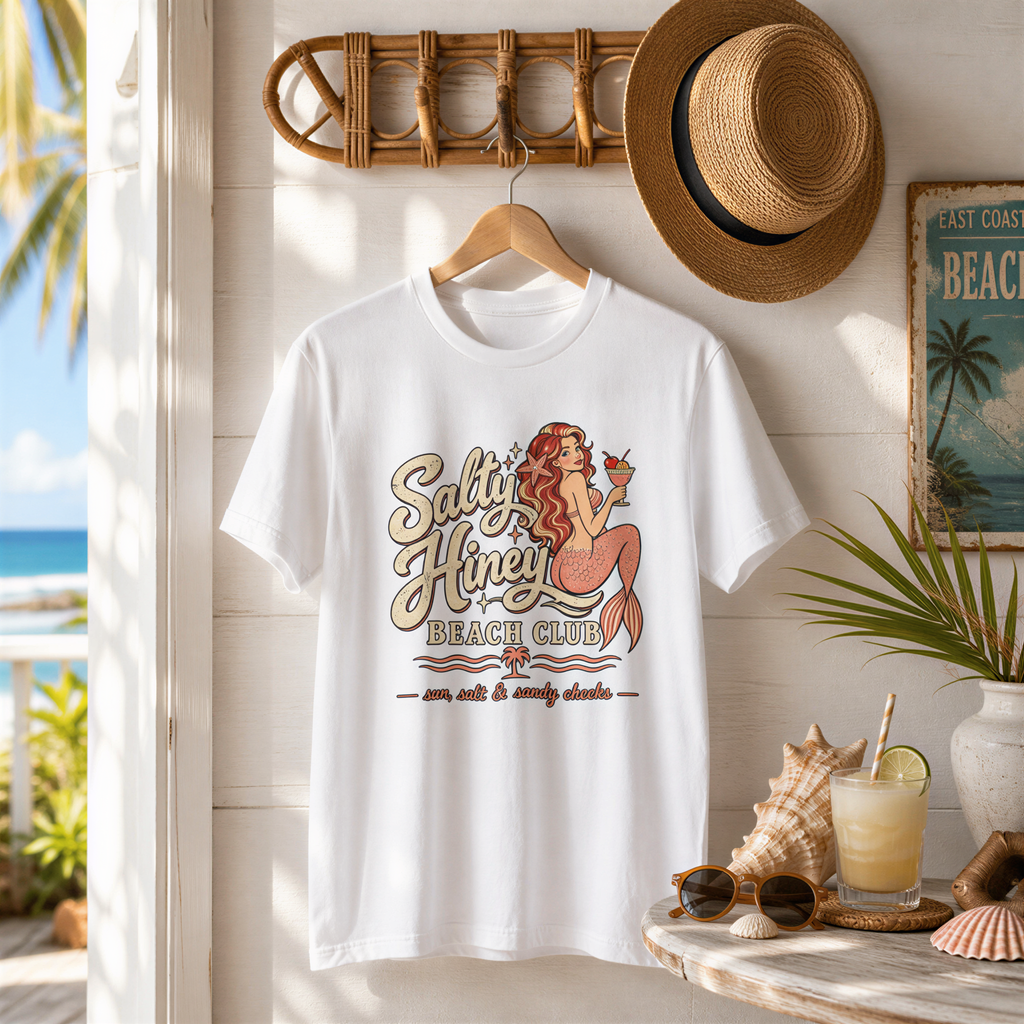 A white t-shirt with a graphic design of a mermaid and the text "Salt and Hinge Beach Club" hanging on a wall, along with a straw hat and sunglasses.