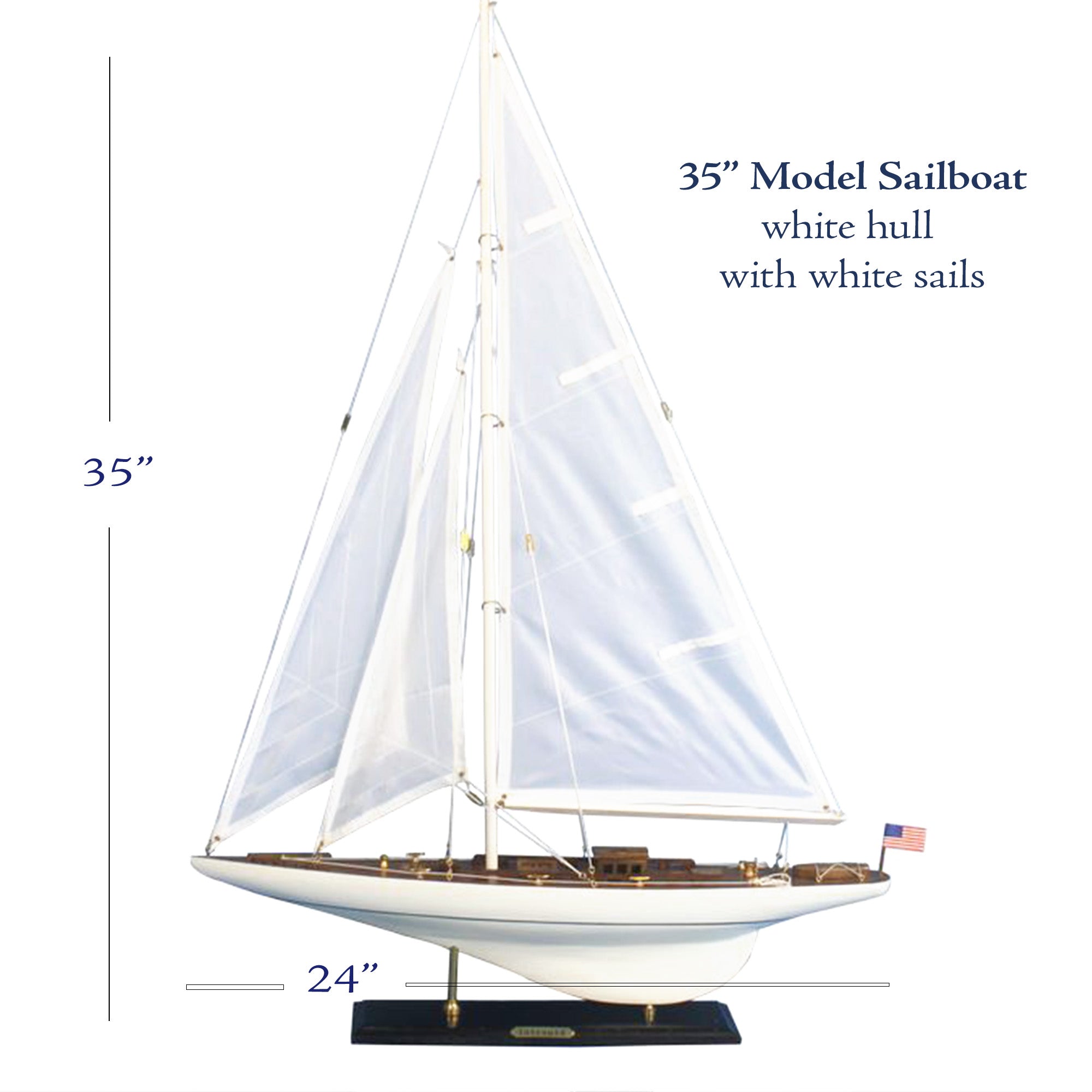 A 35" Model Sailboat with white hull and white sails, standing on a black base.