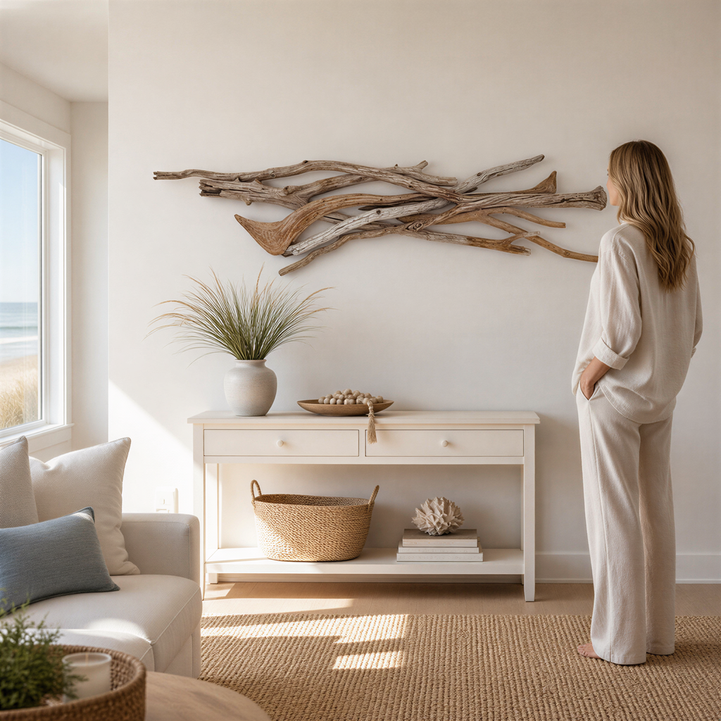 A woman stands in a bright, white-walled room, gazing at a large, abstract piece of driftwood art hanging on the wall. The room features a white sofa, a small table with a vase and a plant, and a woven basket on the floor.