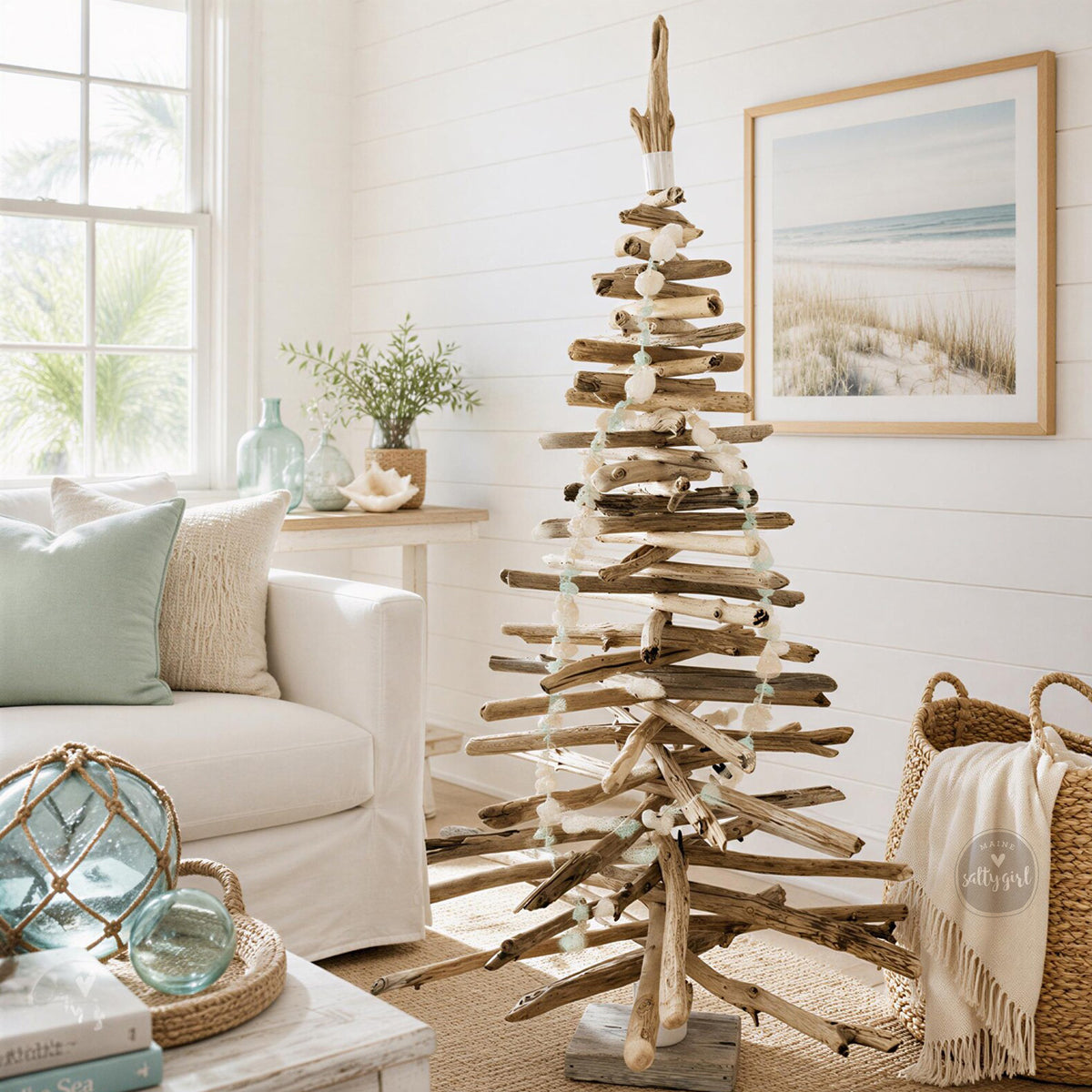 A rustic driftwood Christmas tree stands in the center of a cozy living room, adorned with white or beige ornaments and a white blanket. The room features a white sofa, a blue vase, and a framed picture of a beach landscape.