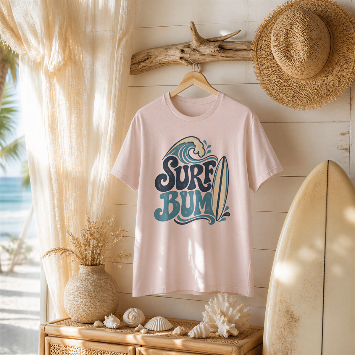 a pink t-shirt with a surf-themed graphic hanging on a wooden hanger, along with a straw hat and a surfboard, all set against a beach backdrop.