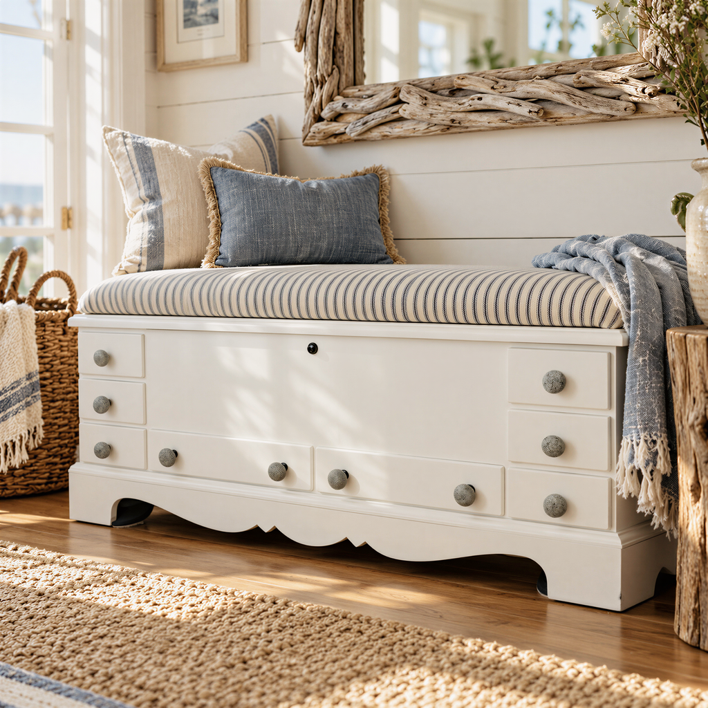 a white wooden chest of drawers with a striped cushion on top, placed on a wooden floor. The chest has six drawers and a small window on the front. There are also two throw pillows on the chest, one blue and one striped. The chest is positioned in front of a mirror, which reflects the room and adds depth to the scene.