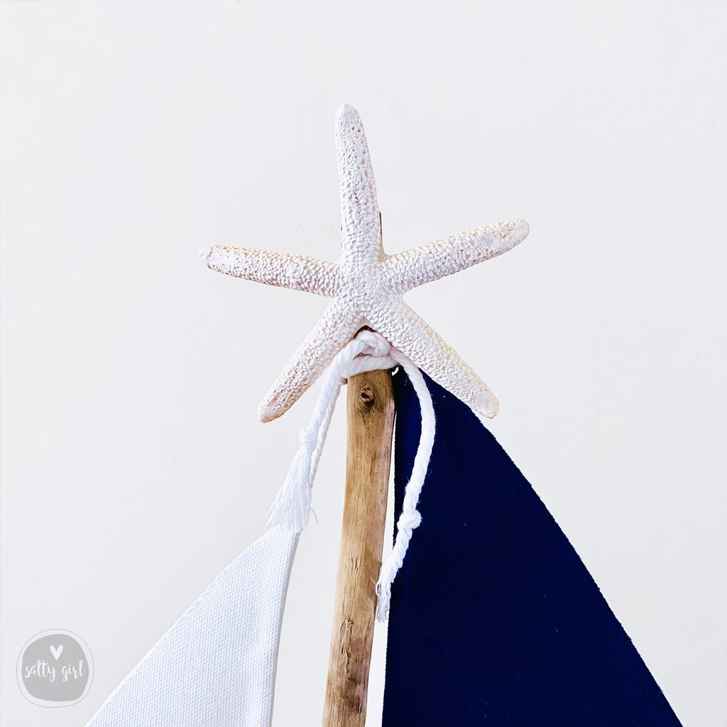 a white starfish on top of a blue and white flag