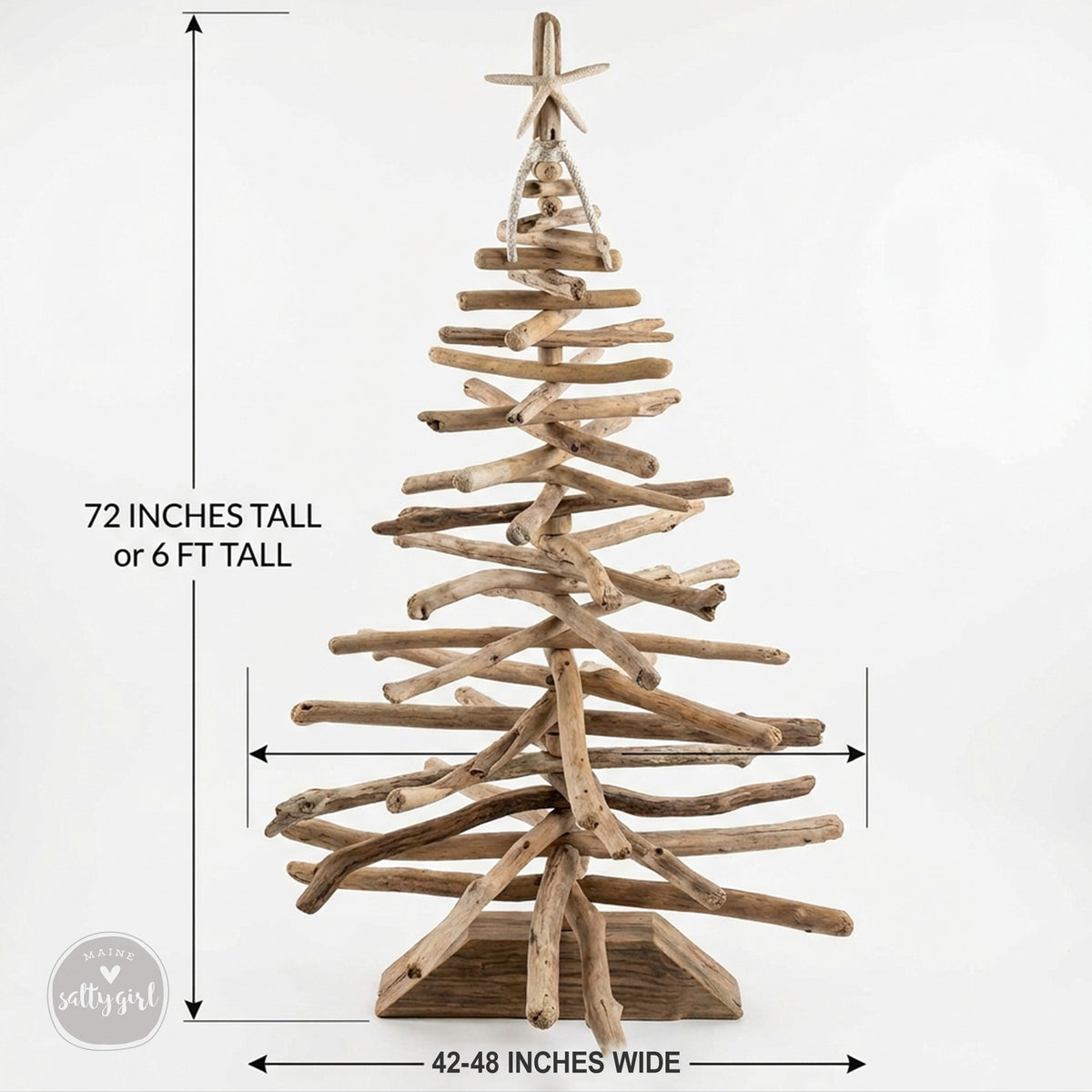 A tall, wooden Christmas tree made from various branches and sticks, measuring 72 inches tall or 6 feet tall.