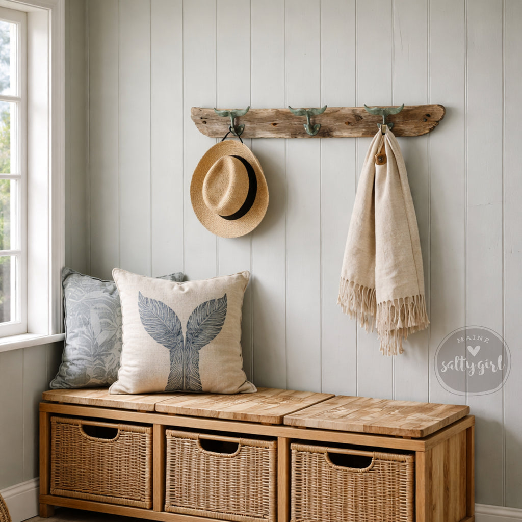 a cozy entryway with a wooden bench, a wicker storage bench, and a wooden coat rack with a hat and a blanket hanging on it. The walls are painted white, and there is a window in the background.