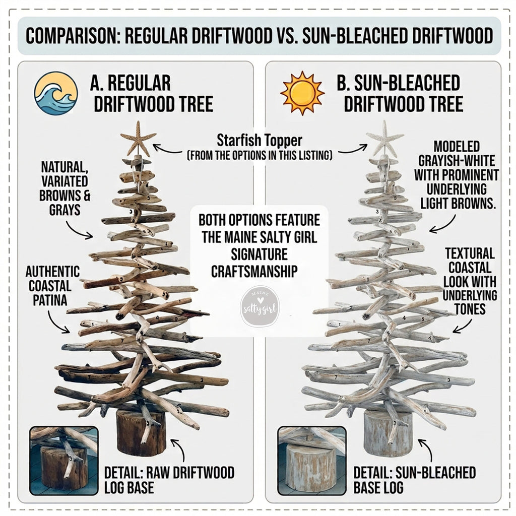 The image is a comparison between two types of driftwood Christmas trees: a regular driftwood tree and a sun-bleached driftwood tree. The comparison is presented in a visually appealing manner with two images of each type of tree, accompanied by text descriptions and labels.