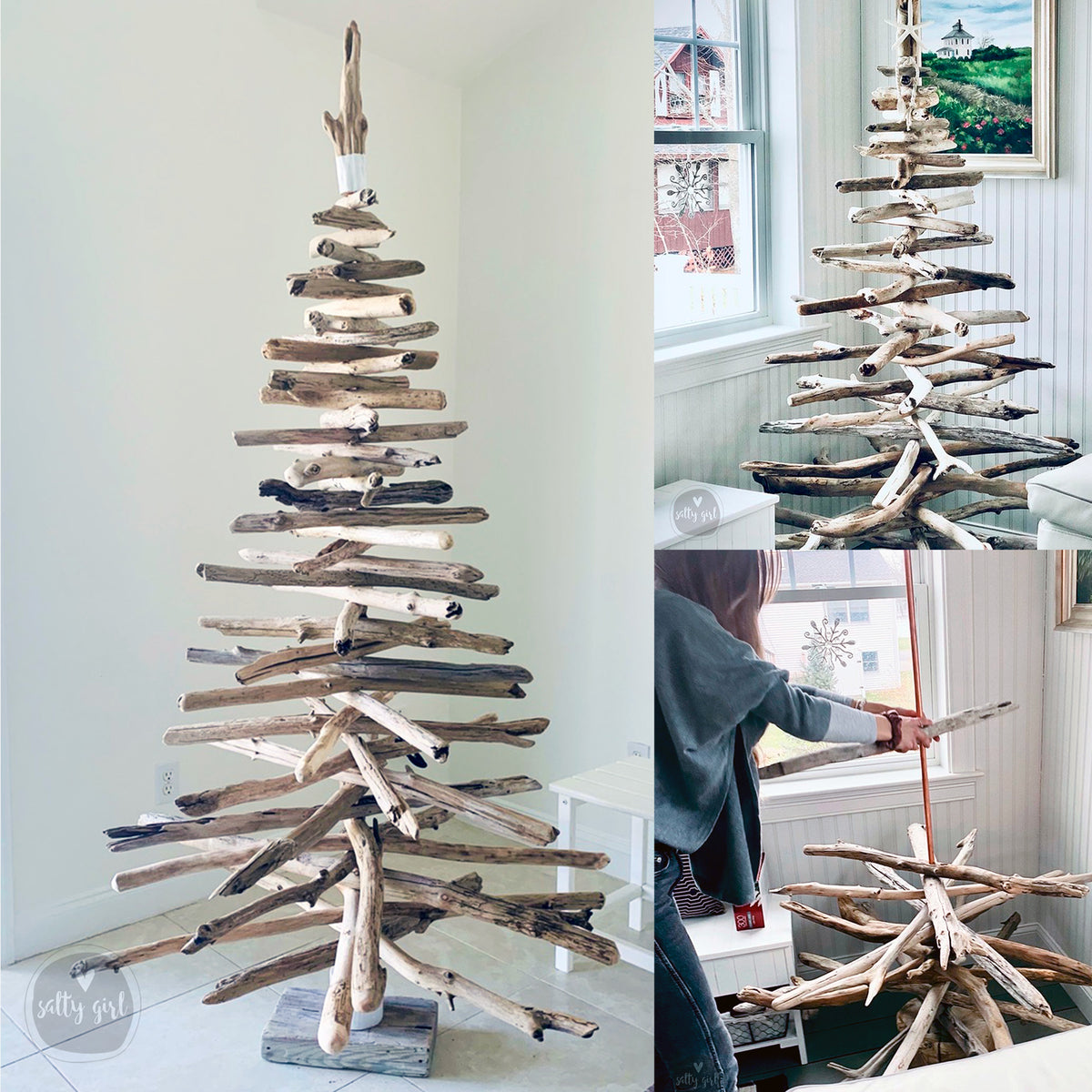 The image is a collage of three photos depicting a unique Christmas tree made from various wooden branches and sticks. The first photo shows the tree standing tall, the second photo shows the person arranging the tree, and the third photo shows the completed tree.