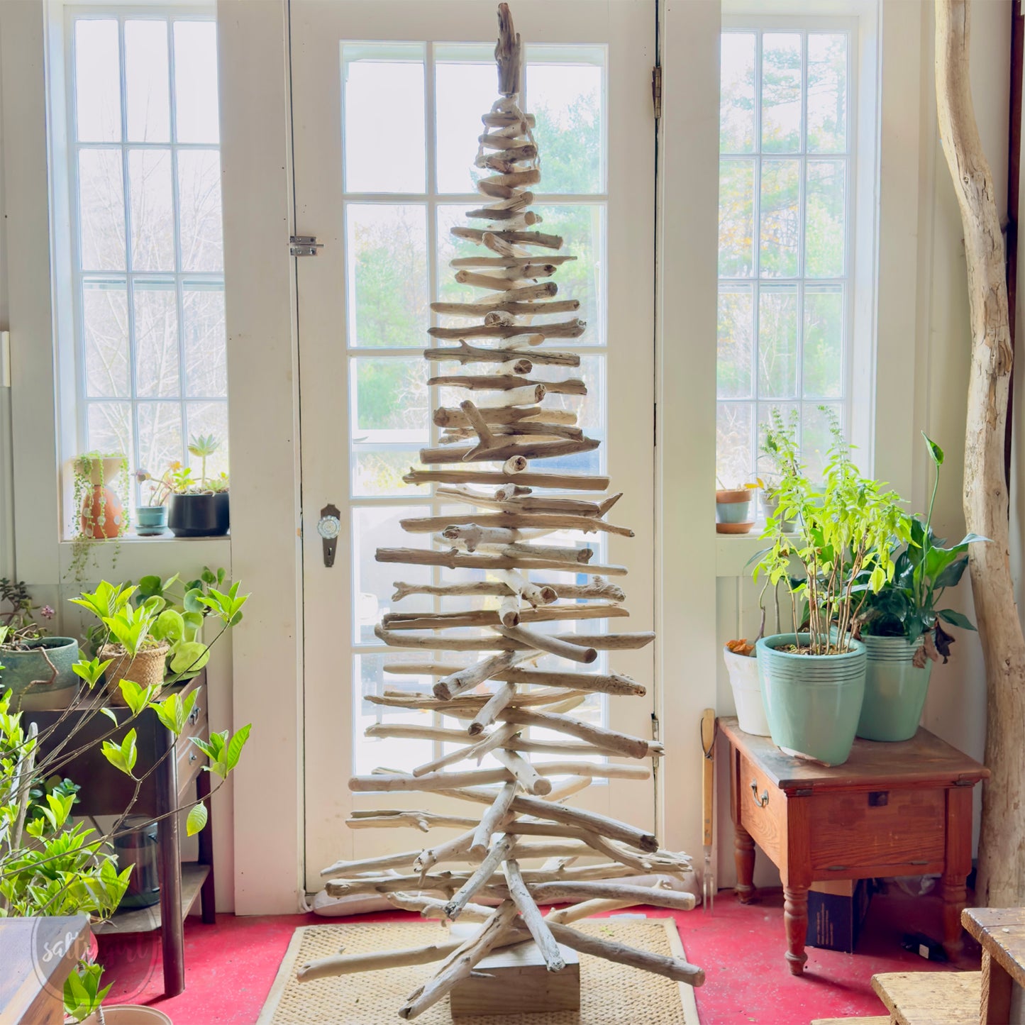 A rustic driftwood Christmas tree stands in the center of a room, surrounded by potted plants and a wooden table.