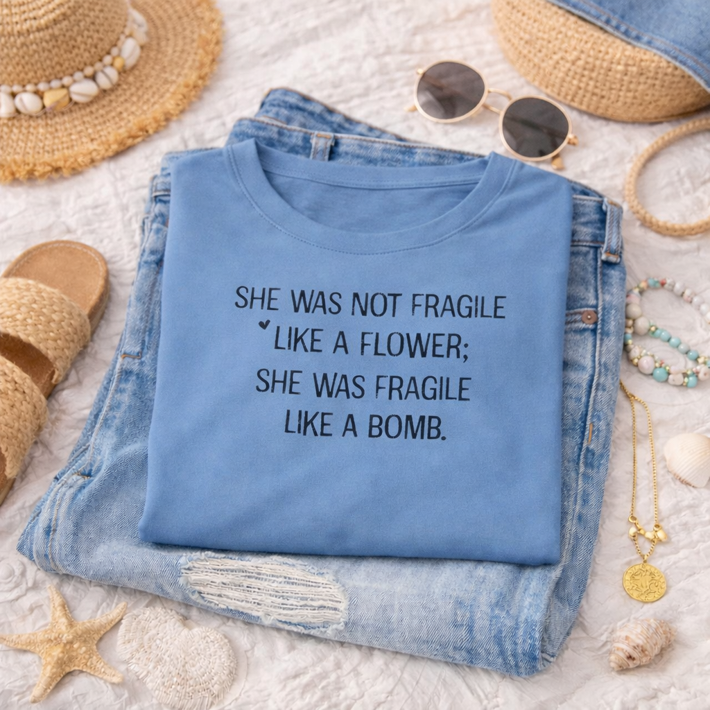 A blue t-shirt with a humorous text printed on it, along with a pair of jeans, sunglasses, and other summer accessories, all laid out on a surface.