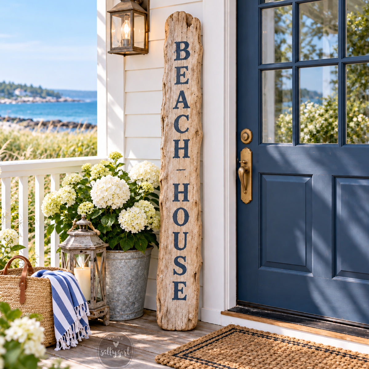a porch with a wooden sign that reads "BEACH HOUSE" and a blue door. The porch is decorated with potted plants, a lantern, and a striped towel. The scene is set against a backdrop of a scenic ocean view.