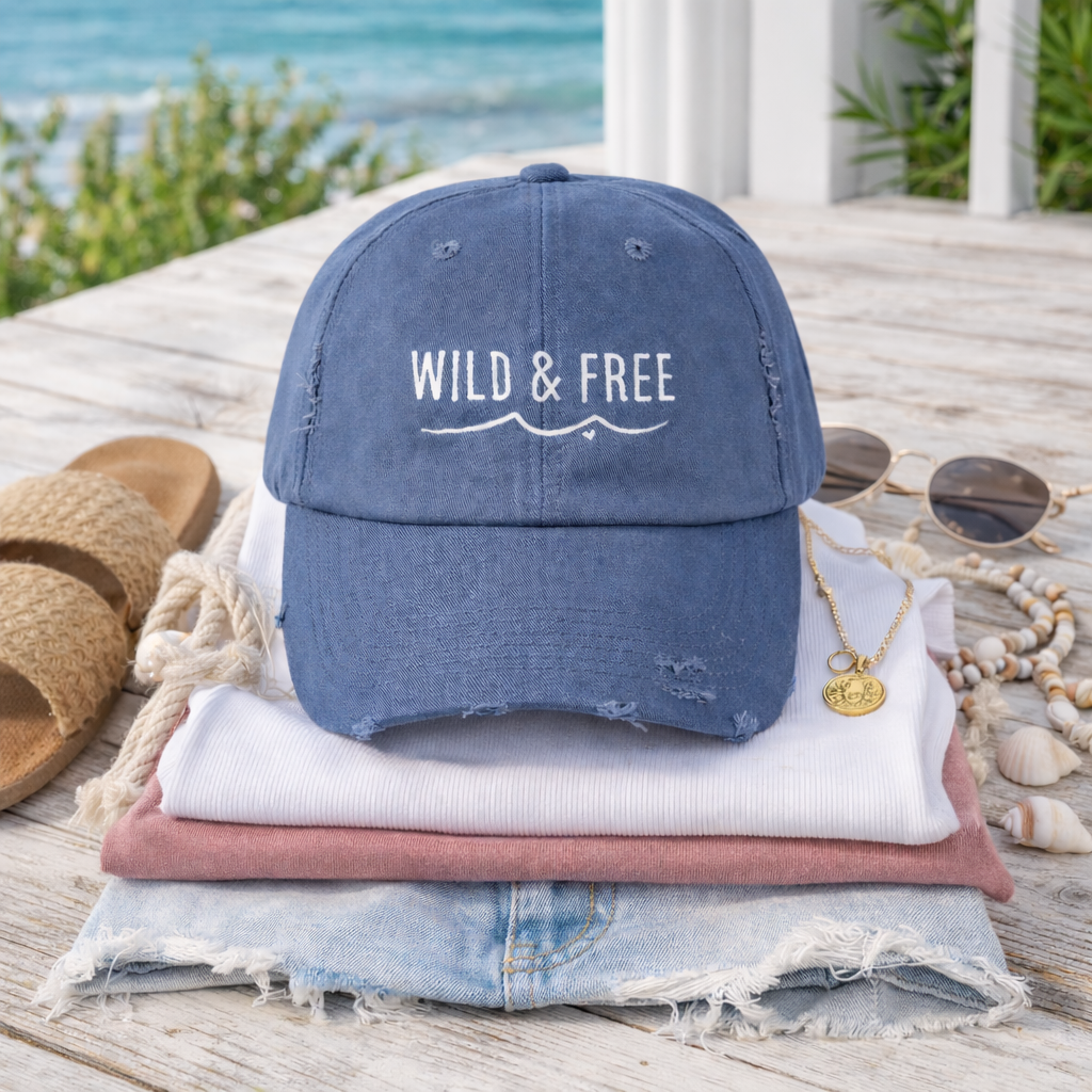 A blue hat with the text "WILD & FREE" printed on it, along with sunglasses, a necklace, and some folded clothes, all placed on a wooden surface with a view of the ocean in the background.