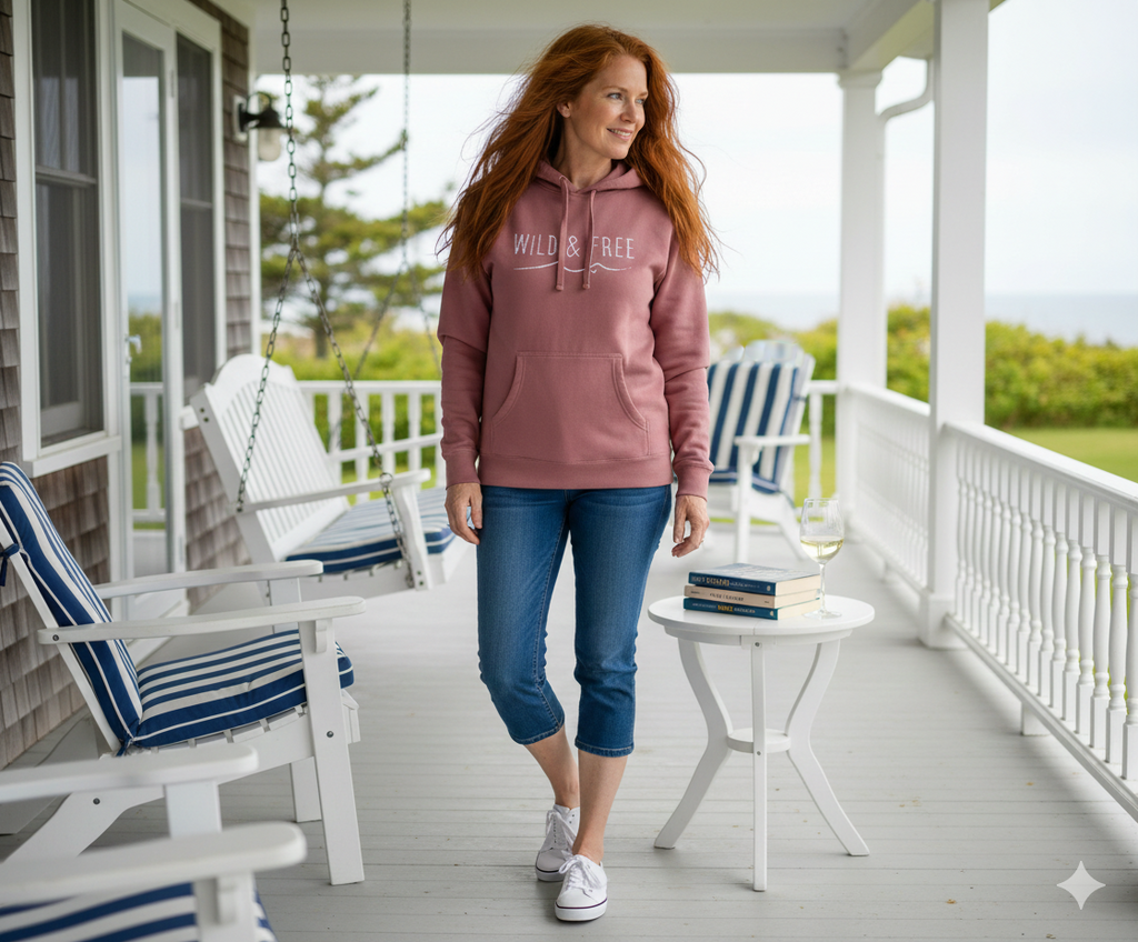 A woman in a pink hoodie and blue jeans stands on a porch, smiling and looking towards the camera.