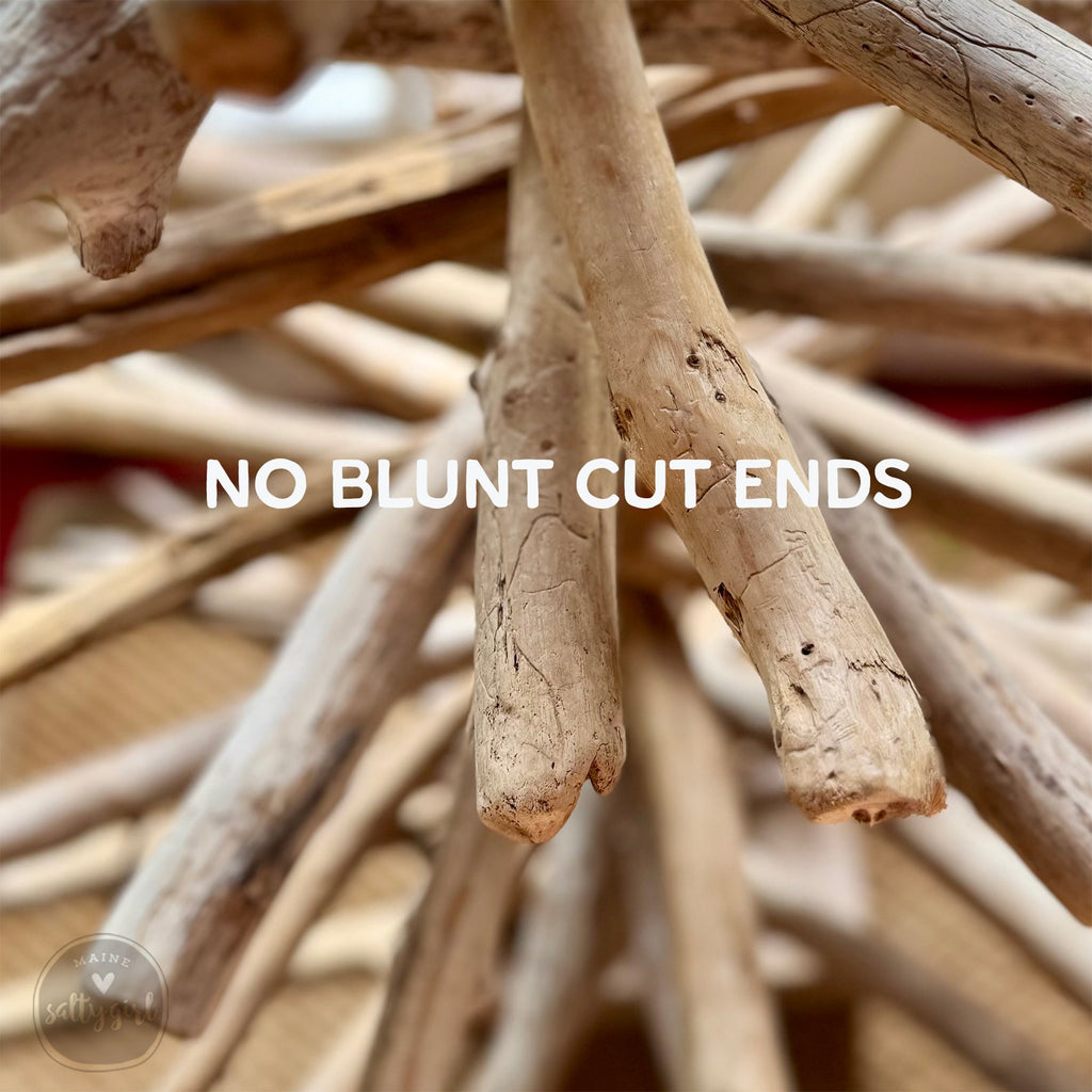 a close-up view of a pile of wooden sticks or branches, with the text "NO BLUNT CUT ENDS" overlaid on the image.