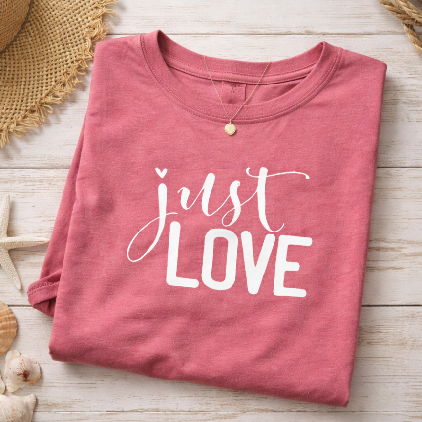 A pink t-shirt with the text "Just Love" printed on it, along with a straw hat, seashells, and a necklace, all laid out on a wooden surface.