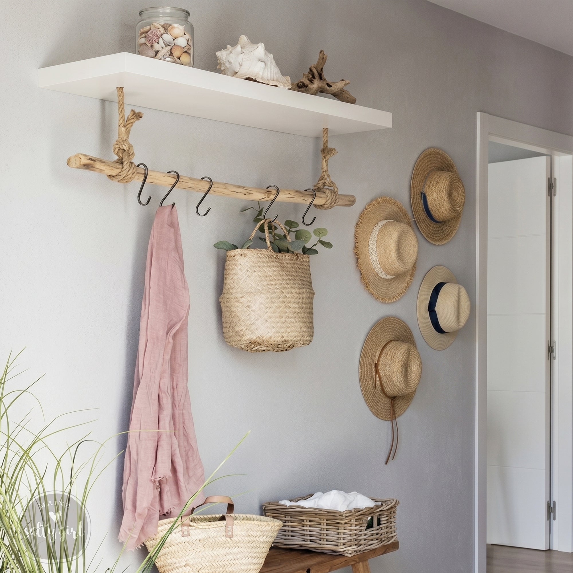 a cozy and well-organized entryway with a shelf displaying various items, including hats, baskets, and a plant.