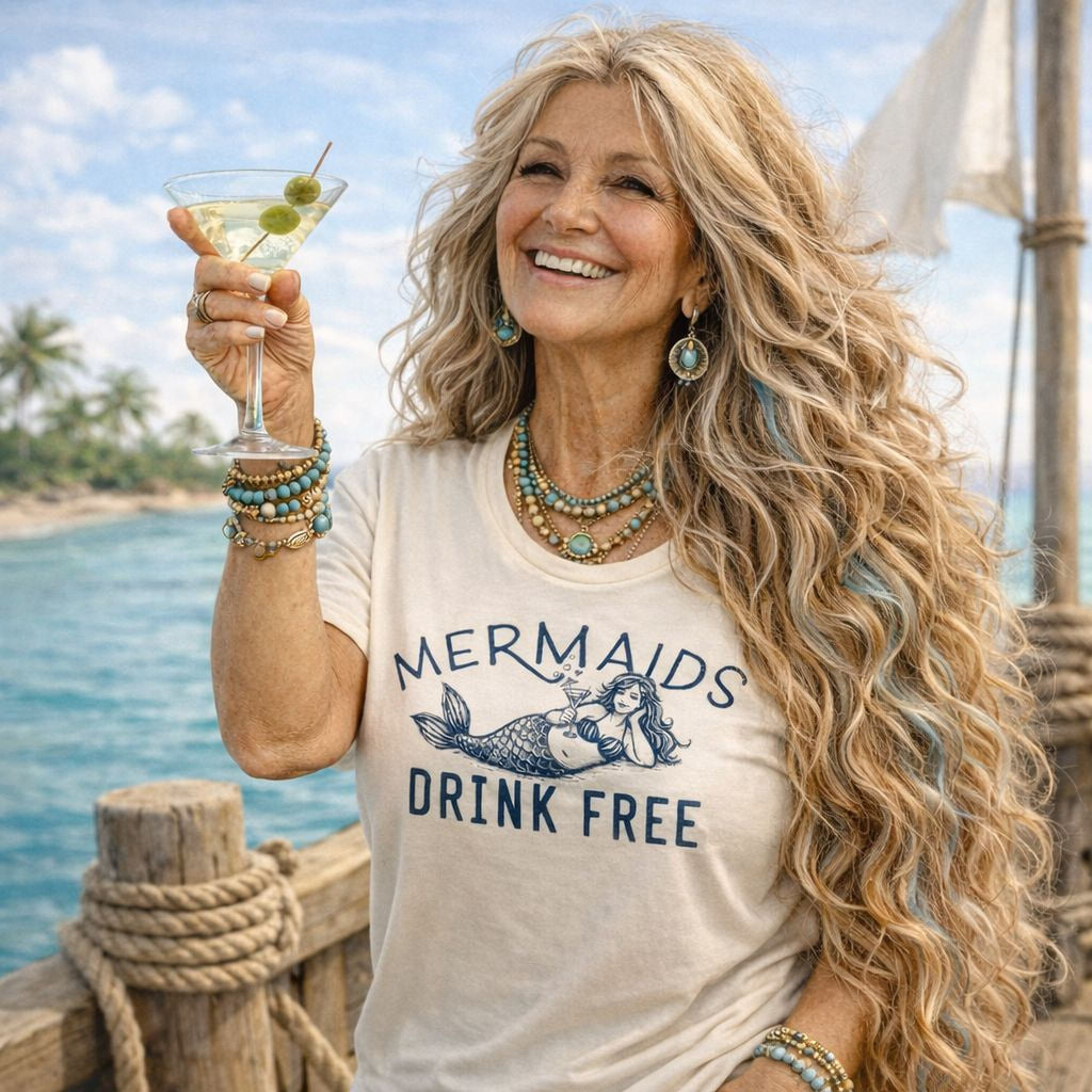 A smiling woman with long blonde hair wearing a Maine Salty Girl mermaid t-shirt that has the words "Mermaids Drink Free" with a mermaid holding a drink on the shirt. The woman is holding a drink and stands on a wooden dock overlooking the ocean.