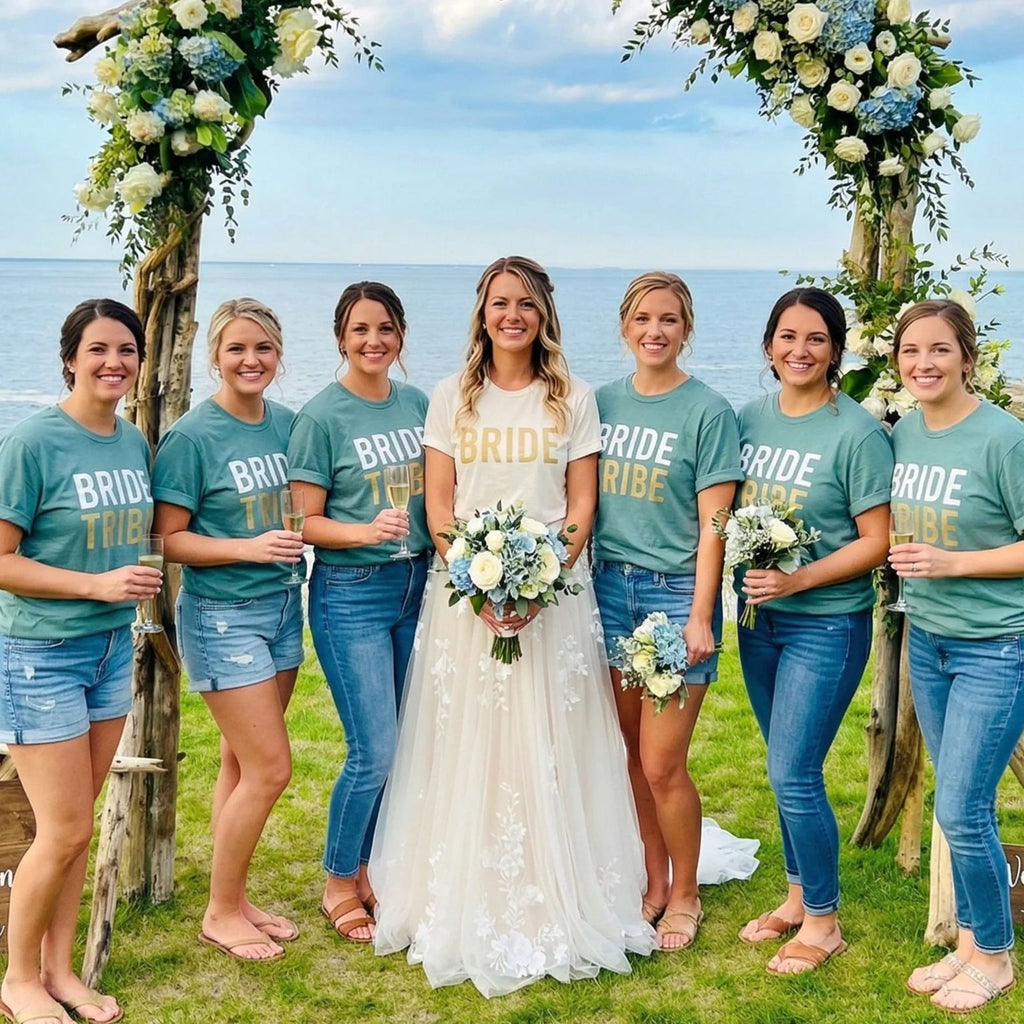 A bride and her bridesmaids pose for a photo under a driftwood floral arch, with the bride holding a bouquet of flowers. All bridesmaids have on matching Bride Tribe t-shirts. The bride has on a Bride T-shirt.