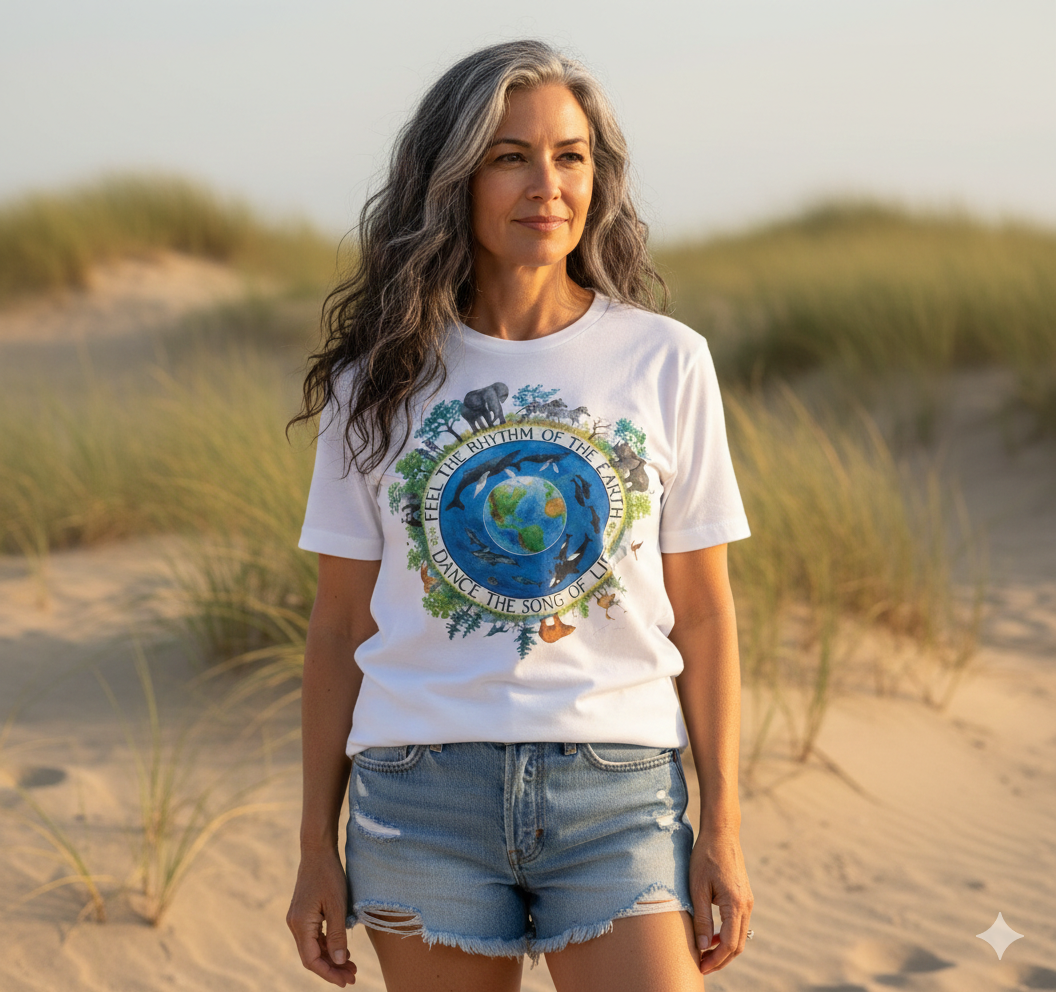 A woman wearing a white t-shirt with a graphic design stands on a sandy beach, surrounded by grass and dunes.