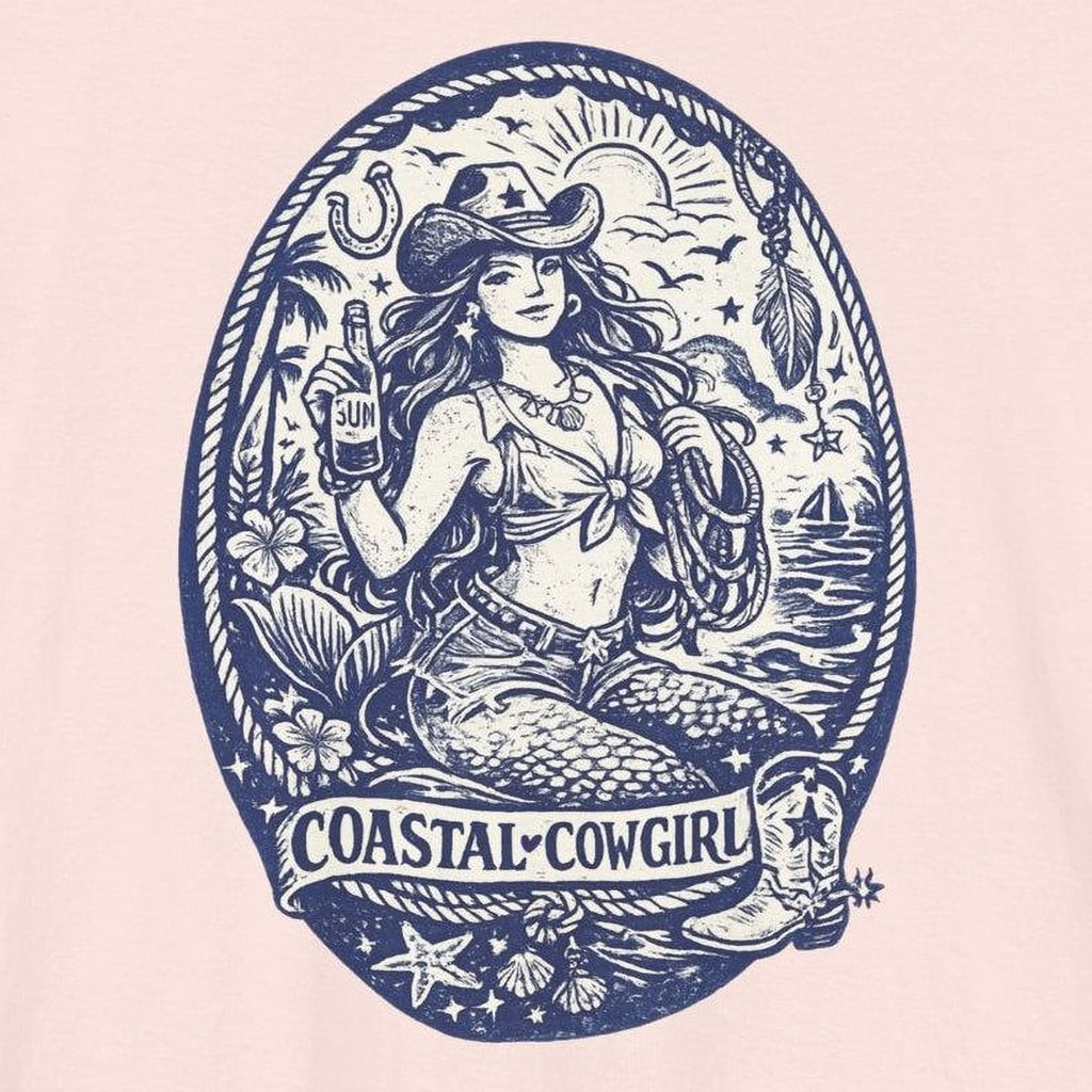 Maine Salty Girl design of a woman wearing a cowboy hat and holding a bottle of sun, surrounded by various elements such as a boat, palm trees, and a starfish.