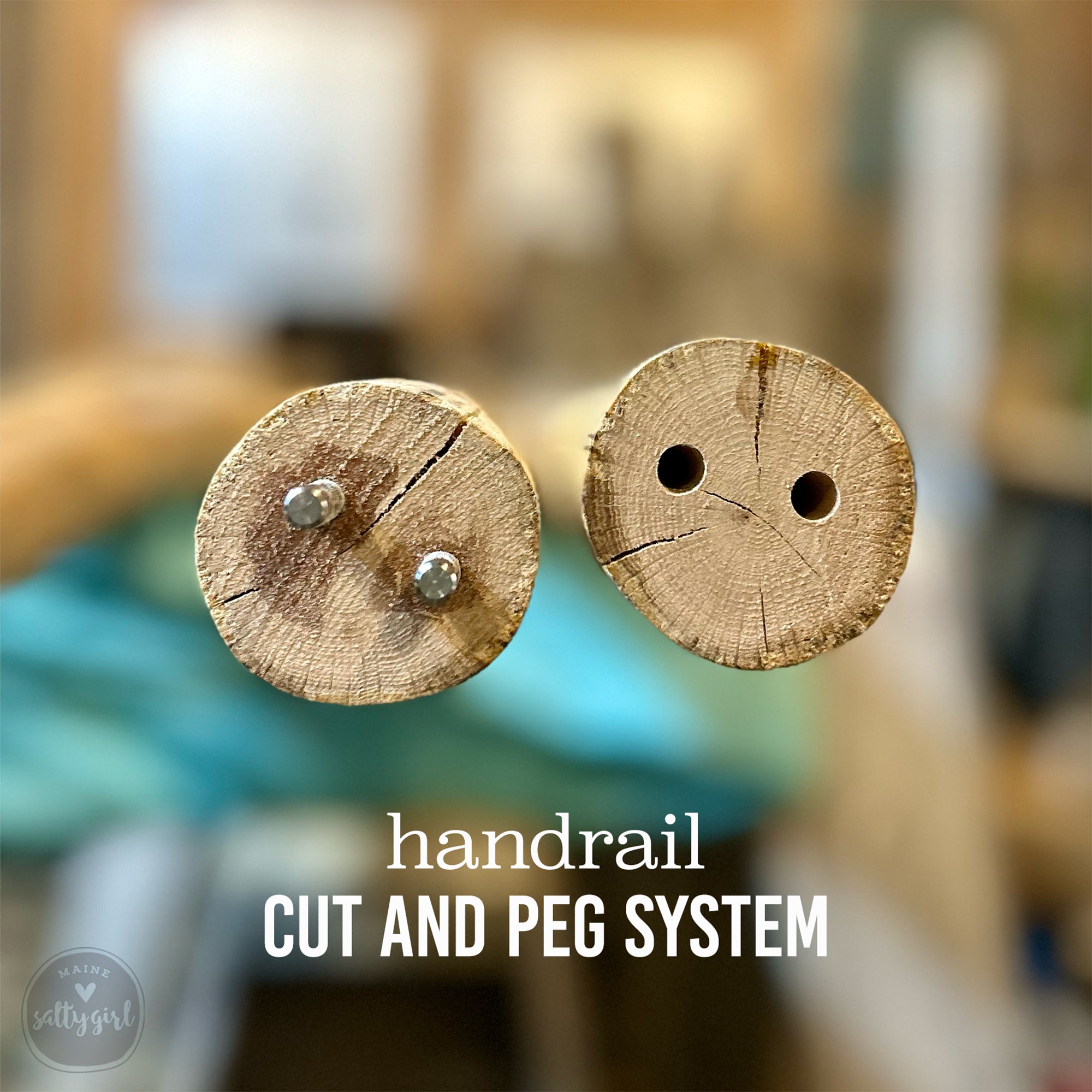 Two driftwood ends with metal components on a blurred background