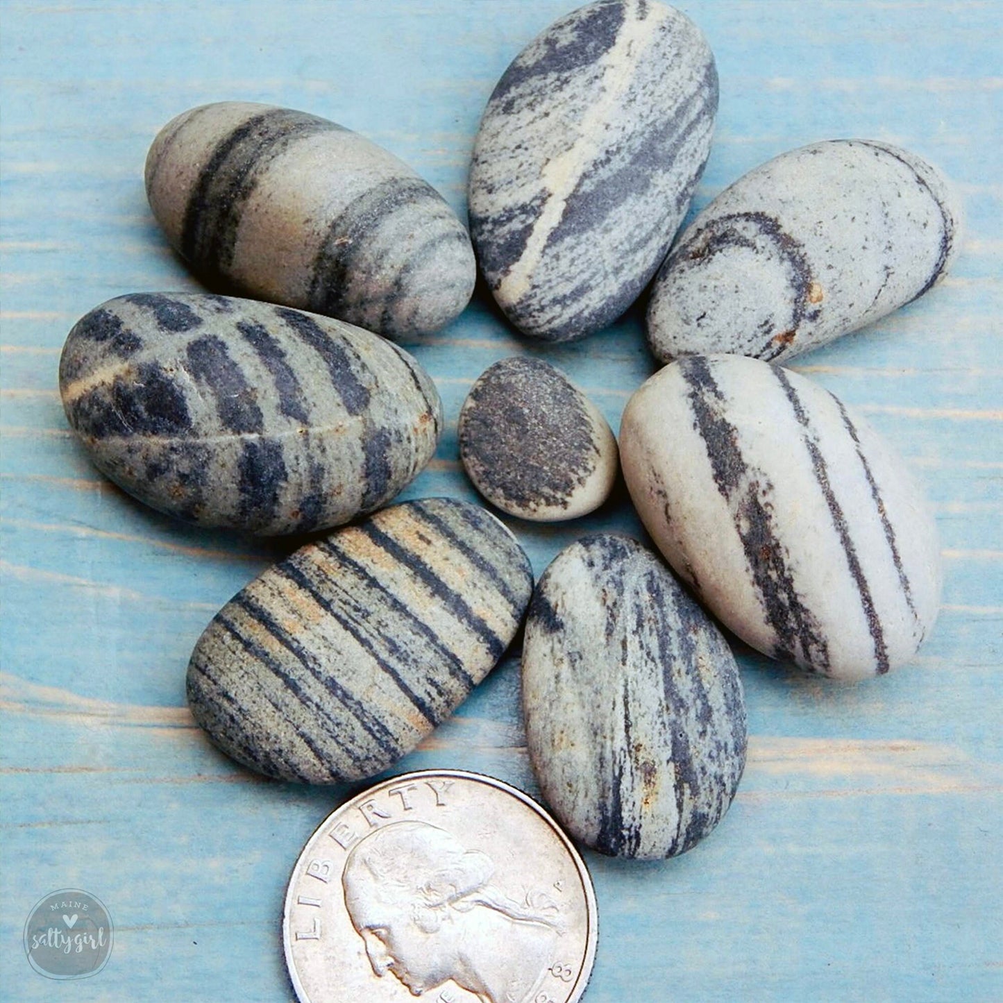 Small beach stones next to quarter to show size comparison