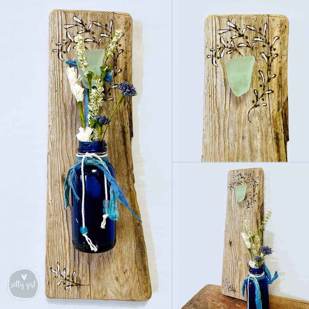 Driftwood Hanging Wall Vase with Antique Bottle and Sea Glass or Beach Stone Knob