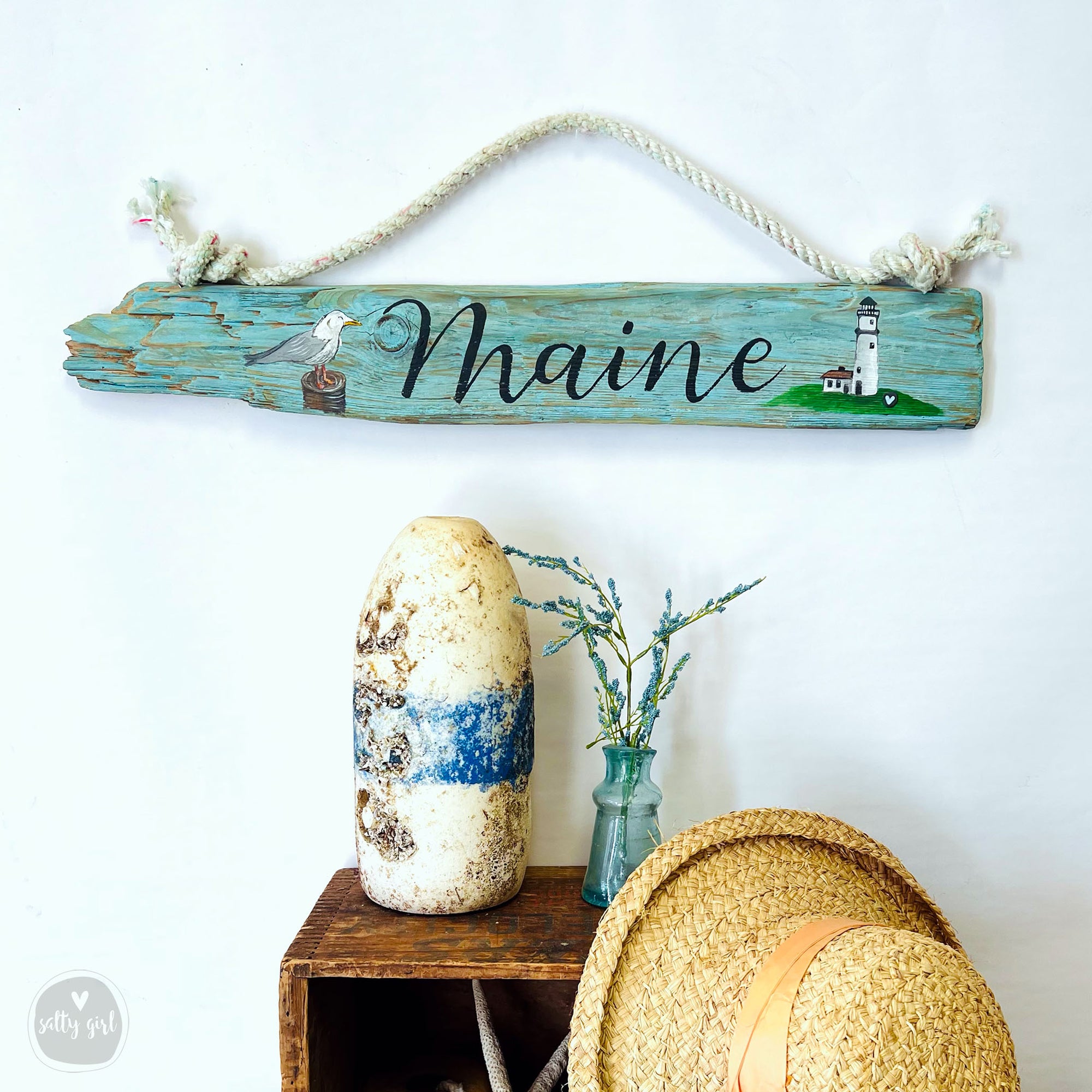 Custom Sign with Hand Painted Graphic 24-60"  Driftwood with Rope Hanger