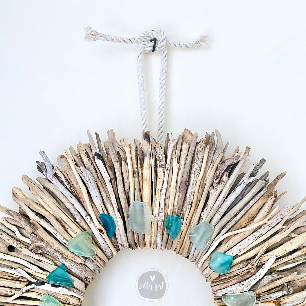 Driftwood Wreath with Shades of Aqua Sea Glass Accents - Sizes: 24" or 30"
