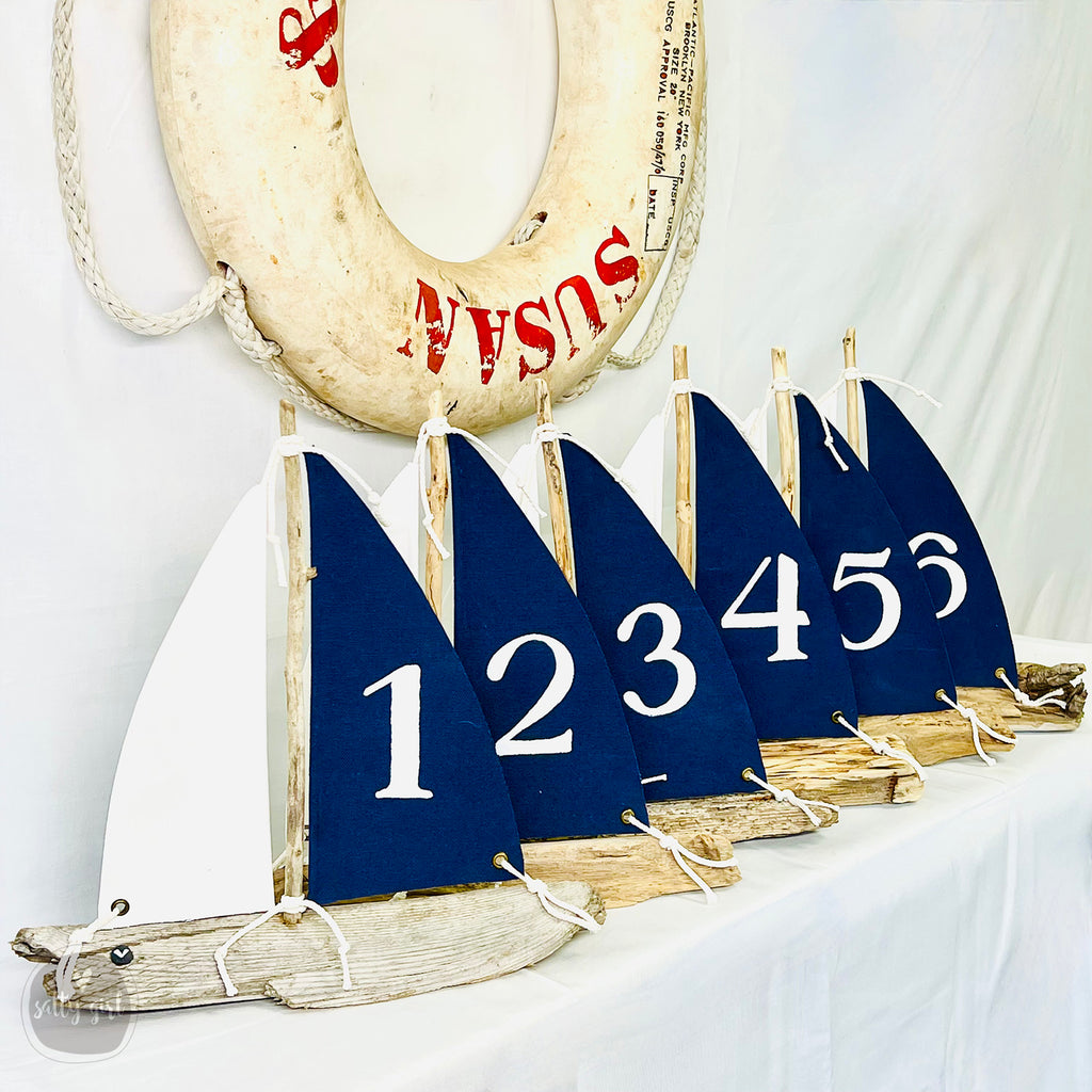 Handcrafted Driftwood Sailboat Table Numbers for Nautical Weddings