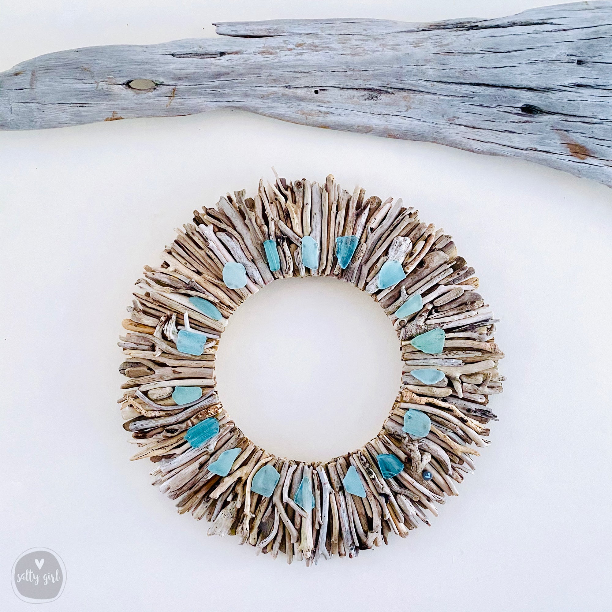Driftwood Wreath with Shades of Aqua Sea Glass Accents - Sizes: 24" or 30"
