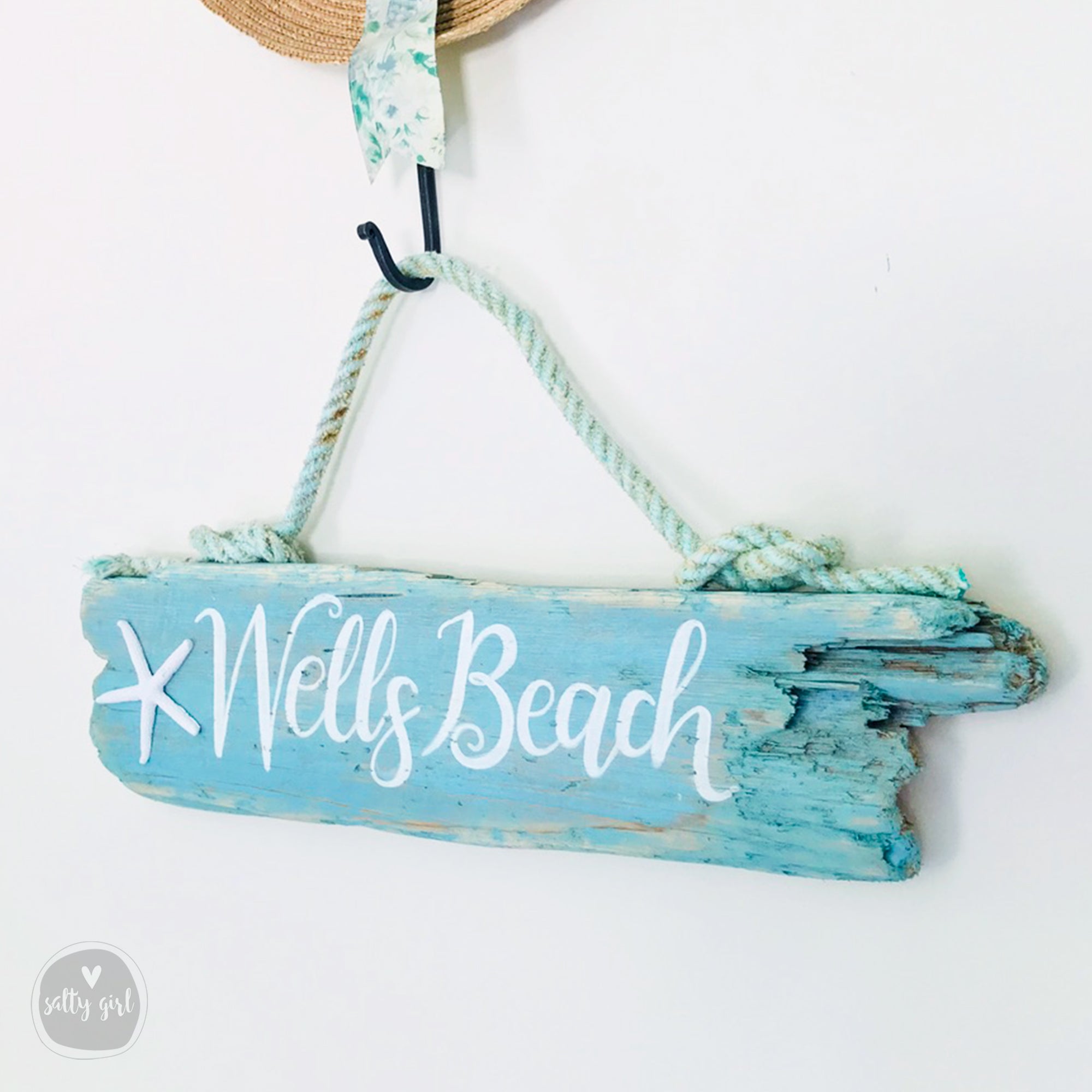 Distress Blue Driftwood Sign with aqua fishing rope