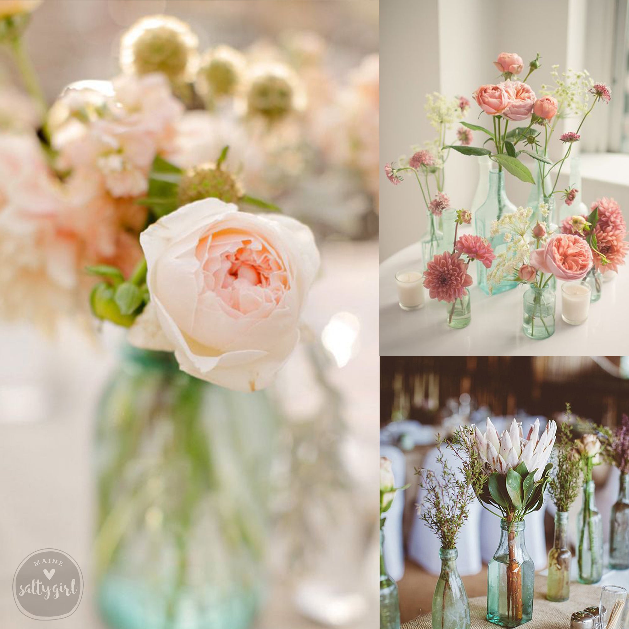 a bunch of vases filled with flowers on top of a table