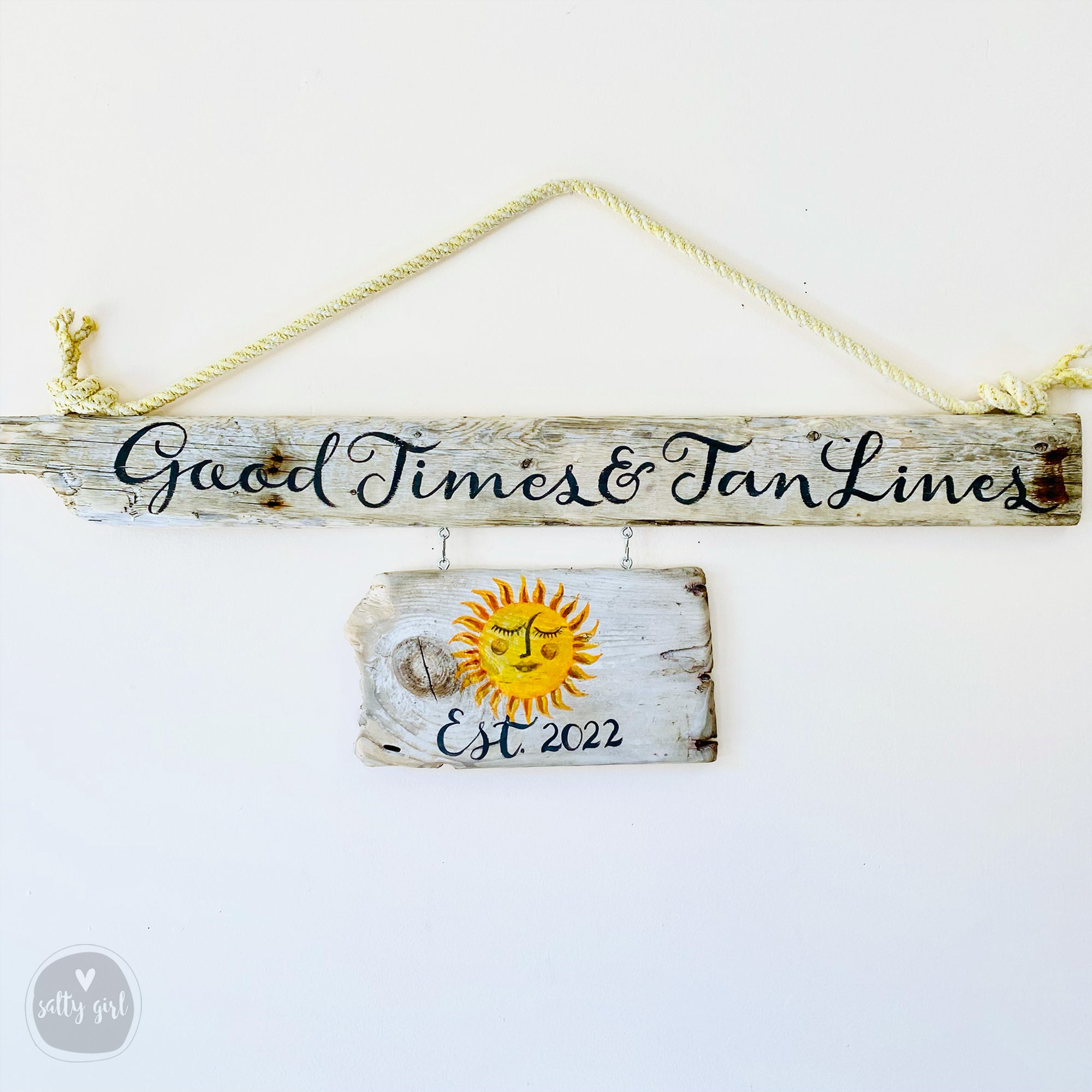 Custom Double Driftwood Sign - Personalized Established House Sign with Fishing Rope Hanger - Coastal Themed House Sign