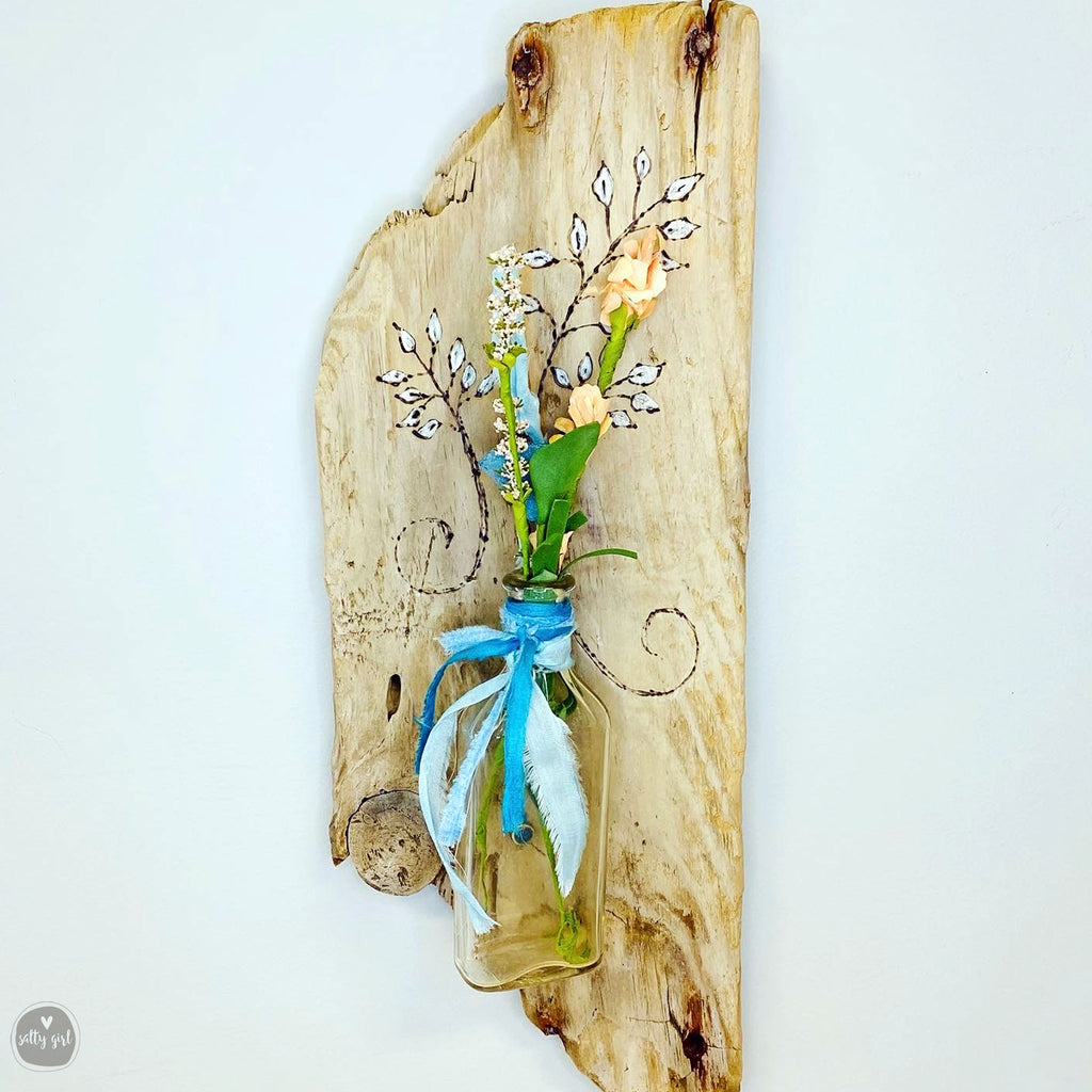 Driftwood Hanging Wall Vase with Antique Bottle and Sea Glass or Beach Stone Knob
