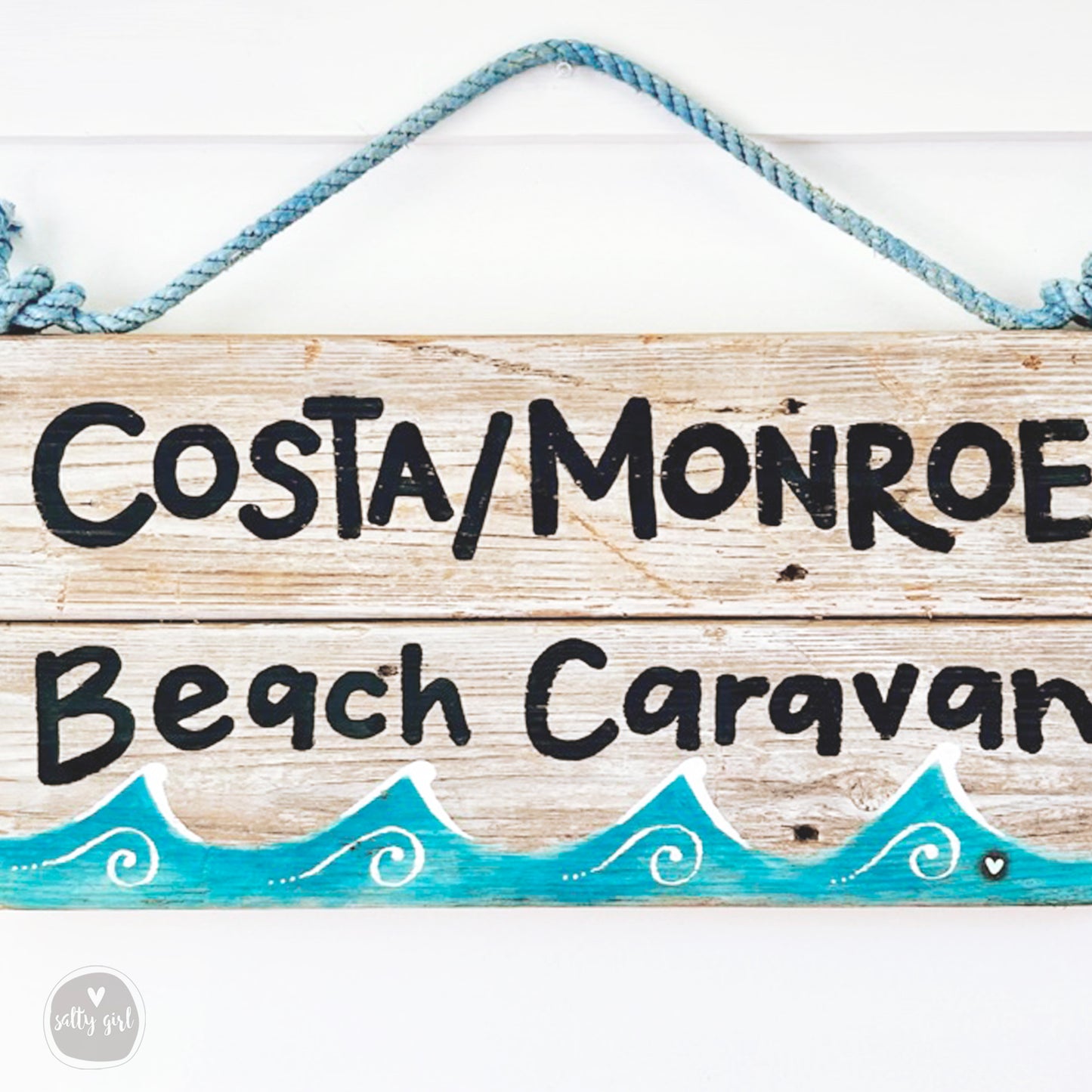 Custom Driftwood Sign with Waves - Personalized Sign with Fishing Rope Hanger - Beach Inspired Hand Lettered Sign