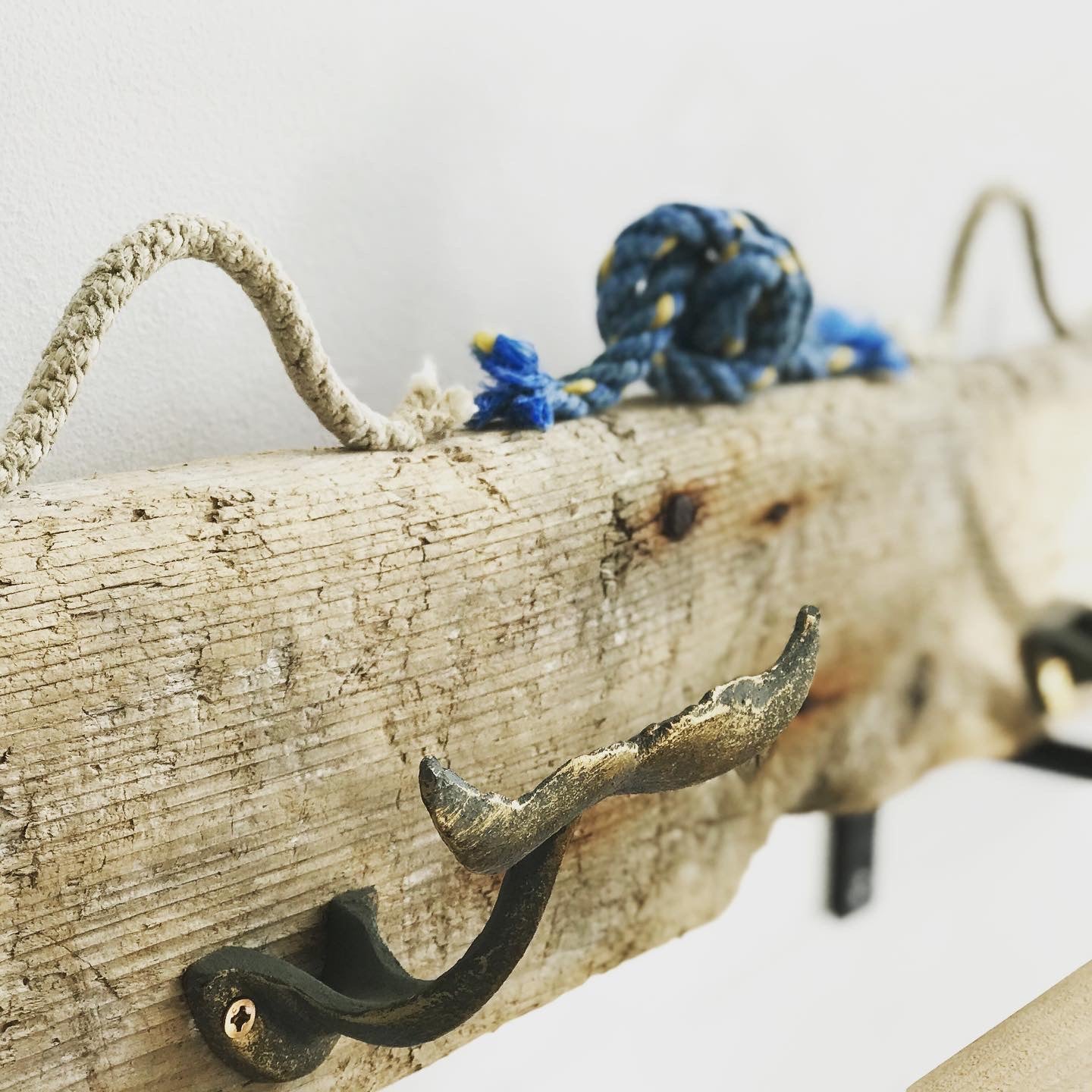 Whale Tail Coat Rack with natural and blue fishing rope