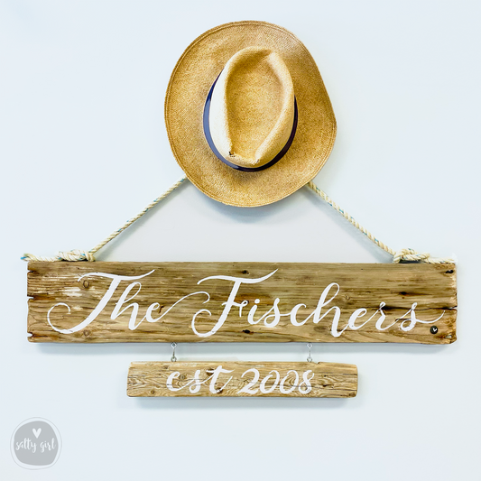 Custom "Established " Double Driftwood Sign - Personalized House Sign with Fishing Rope Hanger - Coastal Themed  House Sign