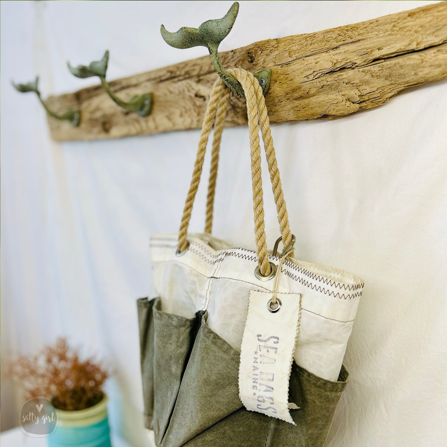 Whale Tail Driftwood Wall Rack 30-36" with Fishing Rope Hanger - Beach House Coat Hook - Maine Gift