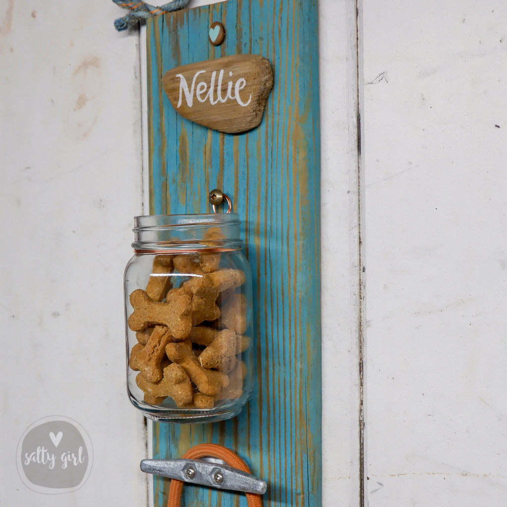 Personalized Dog Leash Holder Rack with Treat Jar