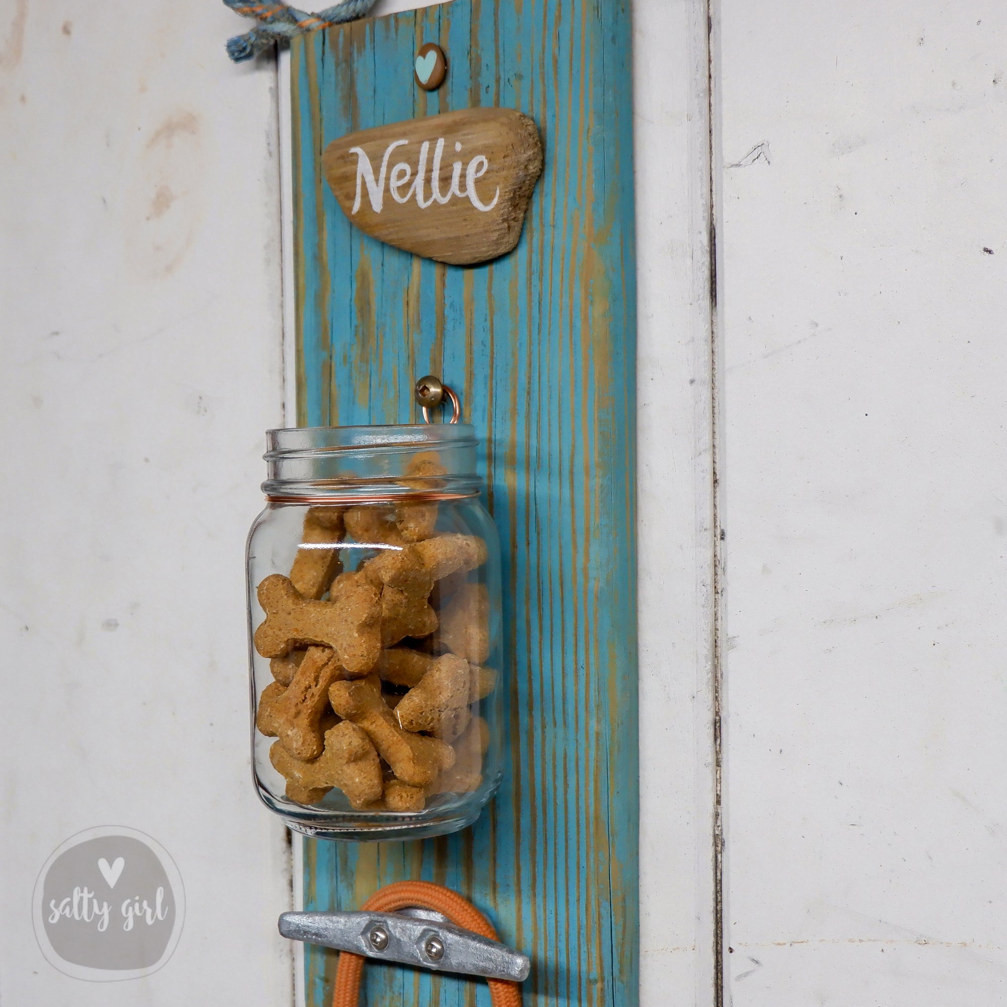 Personalized Dog Leash Holder Rack with Treat Jar