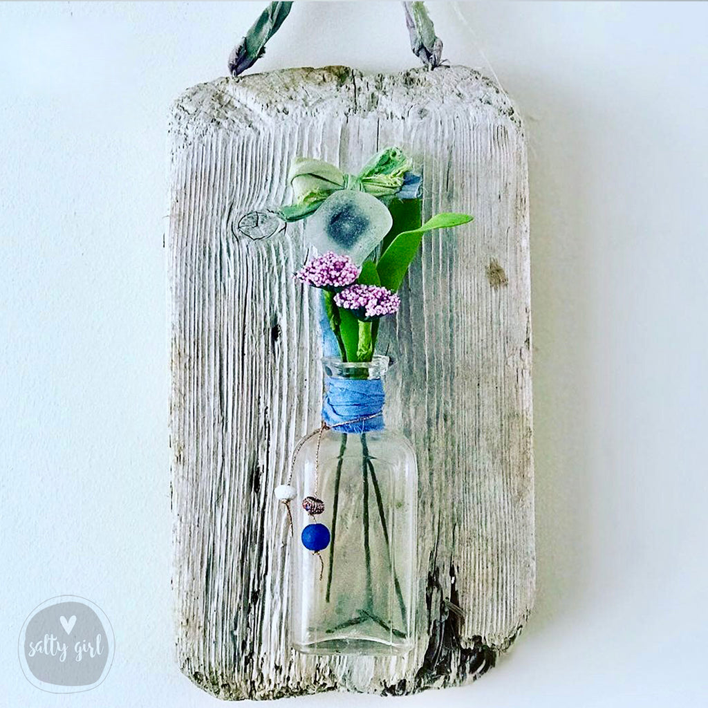 Driftwood Hanging Wall Vase with Antique Bottle and Sea Glass or Beach Stone Knob