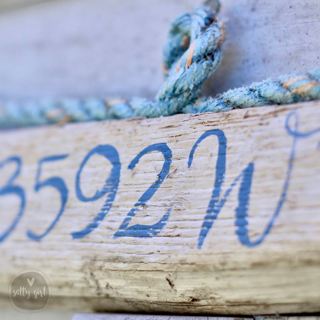 Driftwood Coordinates Sign with blue fishing rope