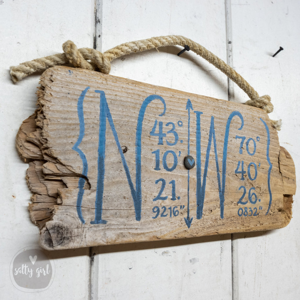 Custom Driftwood Coordinates Sign - Driftwood Longitude Latitude Sign With Nautical Rope Hanger