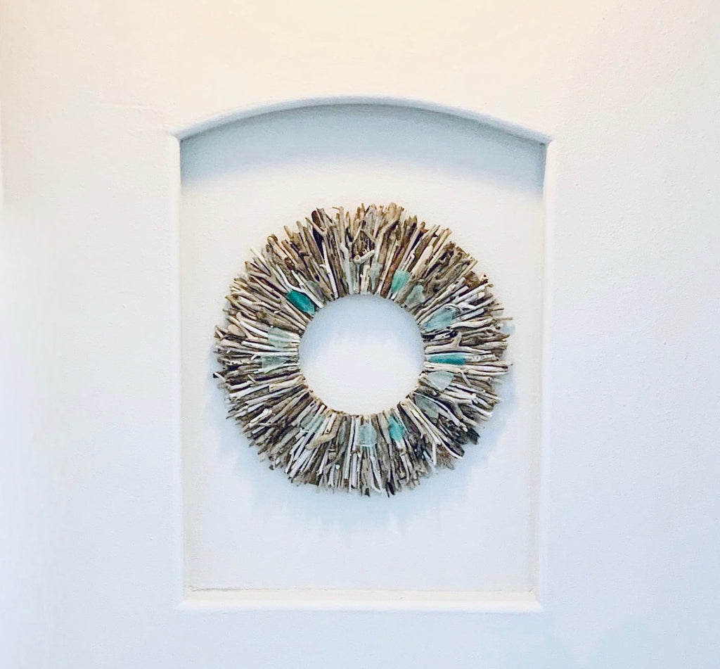 Driftwood Wreath with Shades of Aqua Sea Glass Accents - Sizes: 24" or 30"