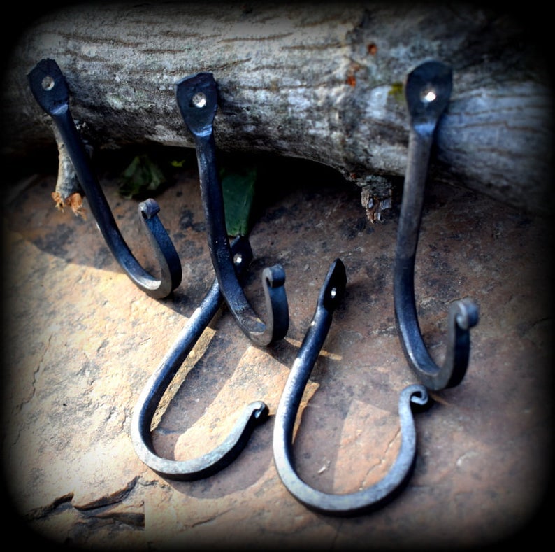 Iron Curtain Rod Brackets 3"x1.75" - 2 Hand Forged Wrought Iron Hooks with Matching Screws