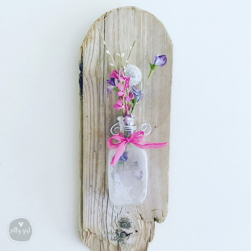 Driftwood Hanging Wall Vase with Antique Bottle and Sea Glass or Beach Stone Knob