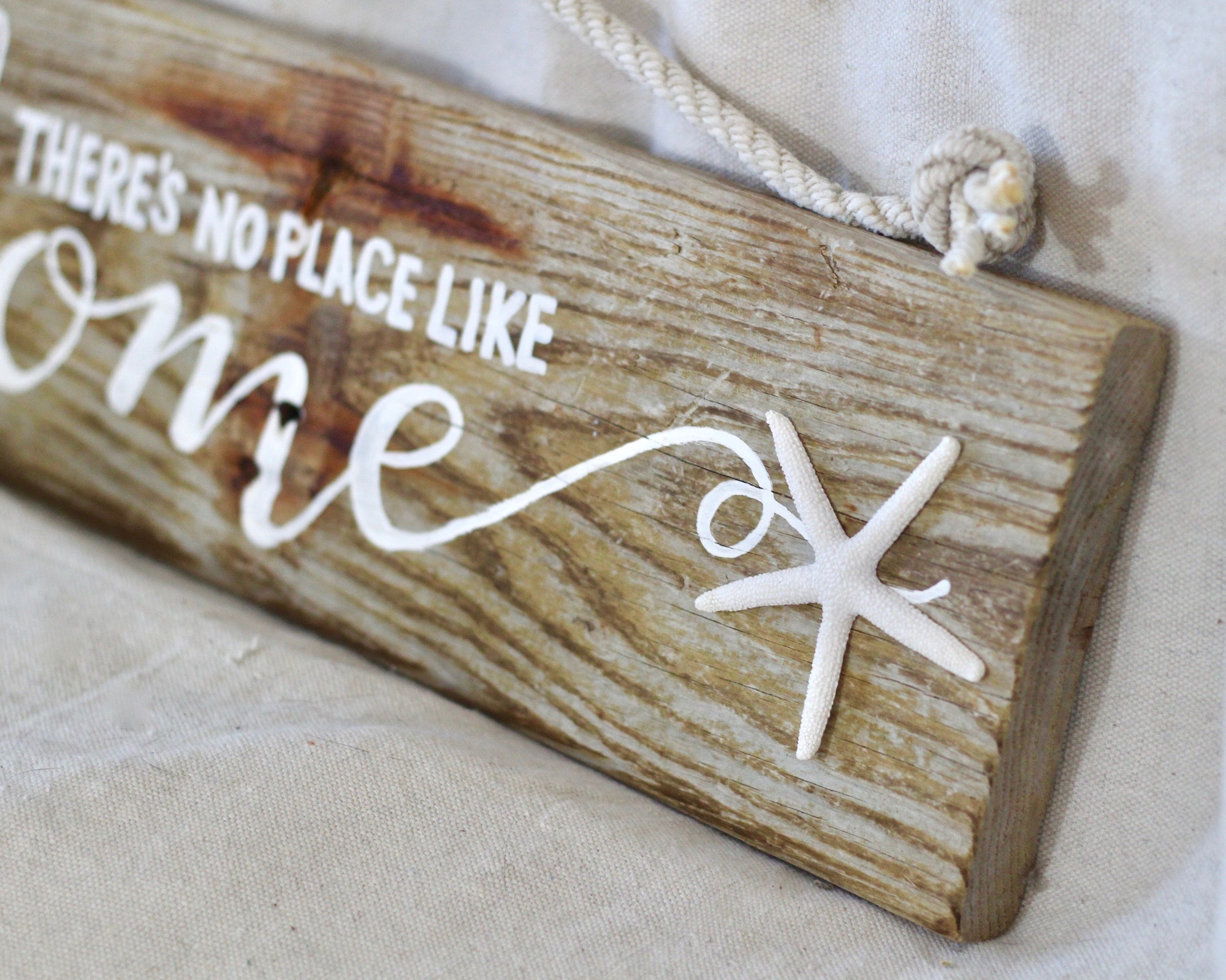 Custom Driftwood Sign with a Starfish and a Fishing Rope Hanger - Beach Inspired Hand Lettered Sign