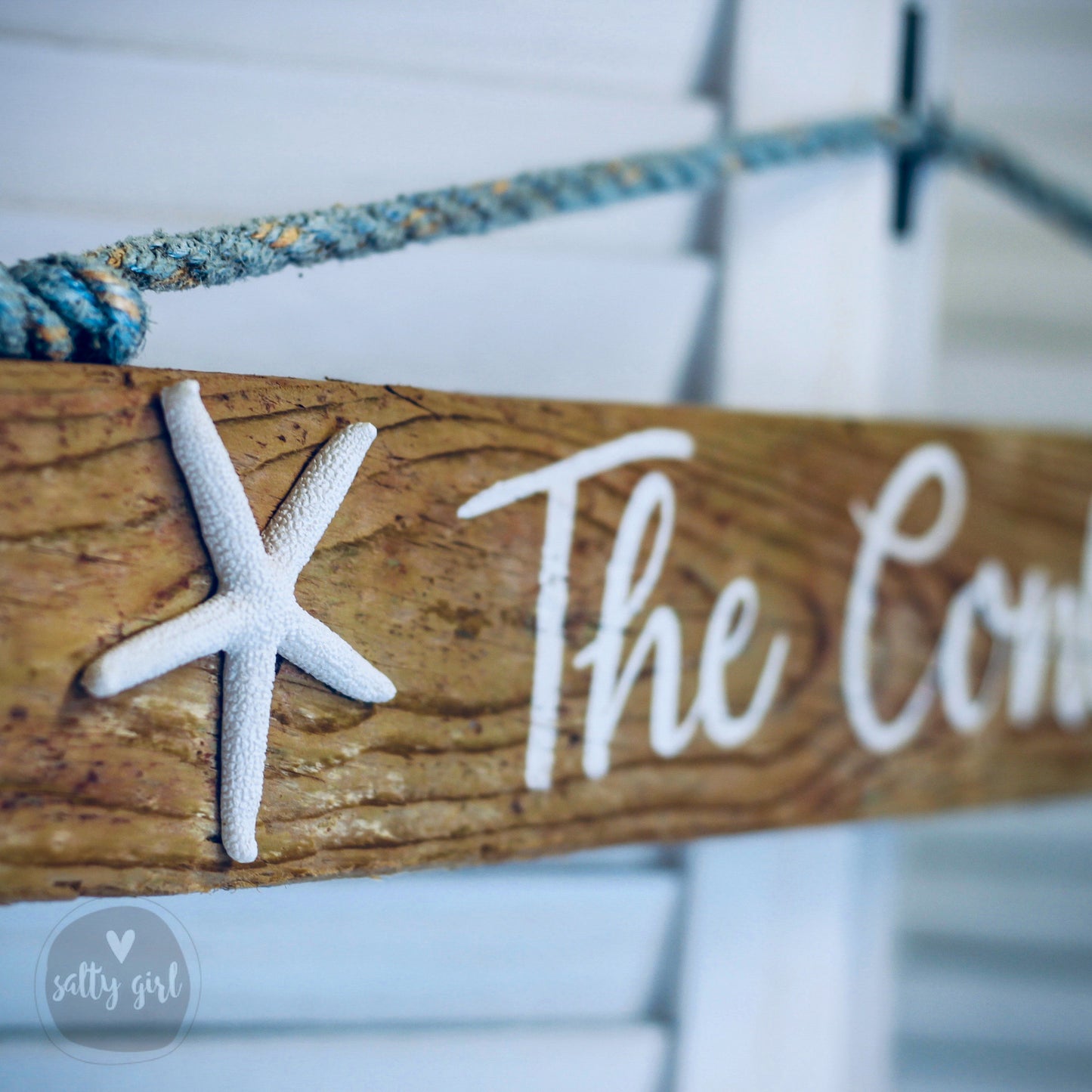 Custom Driftwood Sign with a Starfish and a Fishing Rope Hanger - Beach Inspired Hand Lettered Sign