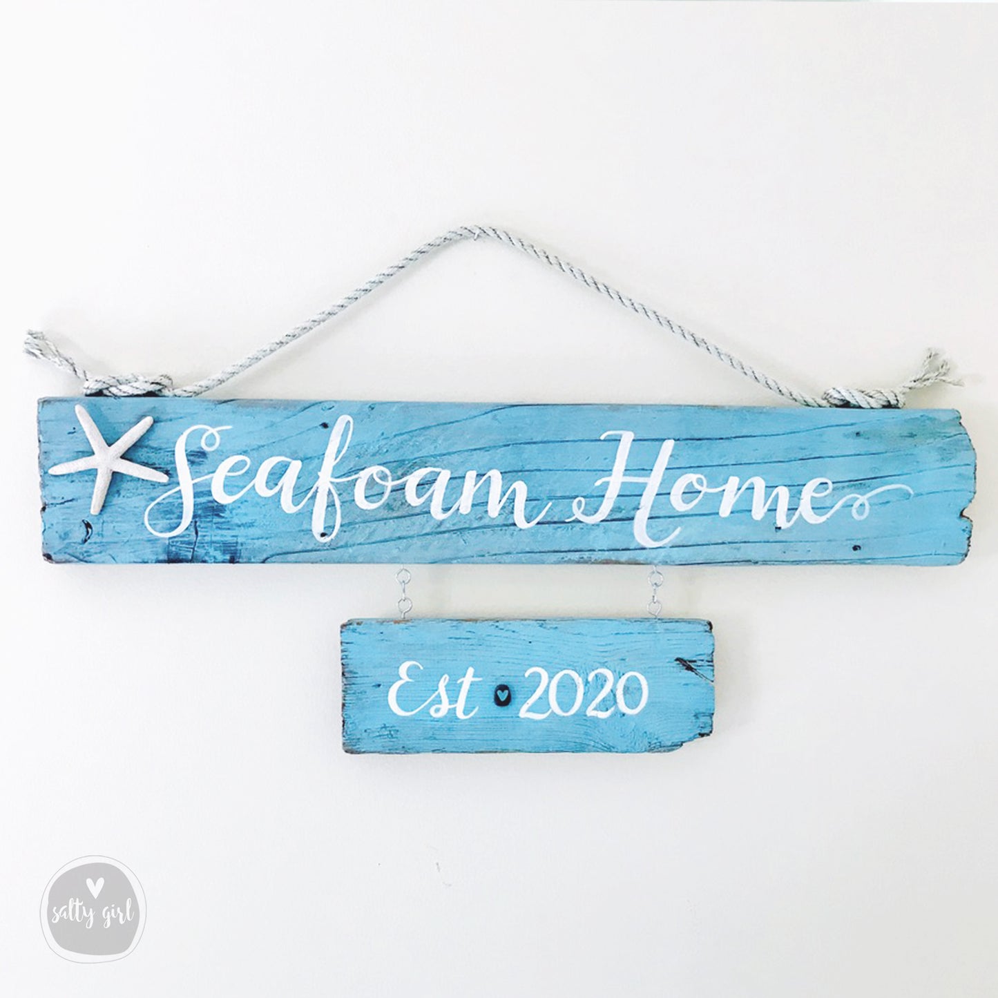 Custom Double Driftwood Sign - Personalized Established House Sign with Fishing Rope Hanger - Coastal Themed House Sign